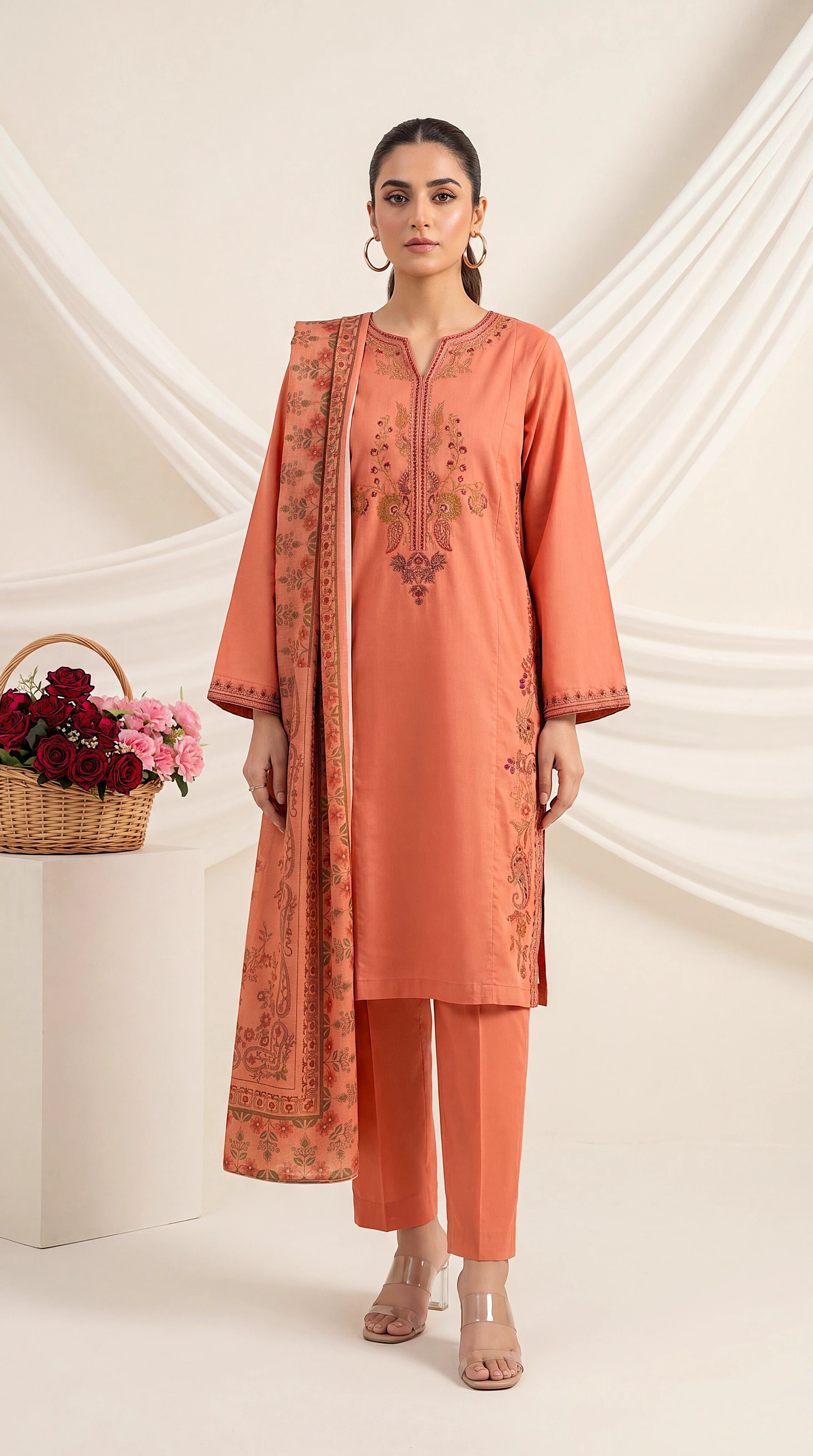 Embroidered  Suit PE01002 Floral  & Printed Dupatta 3 Piece ORANGE / SML