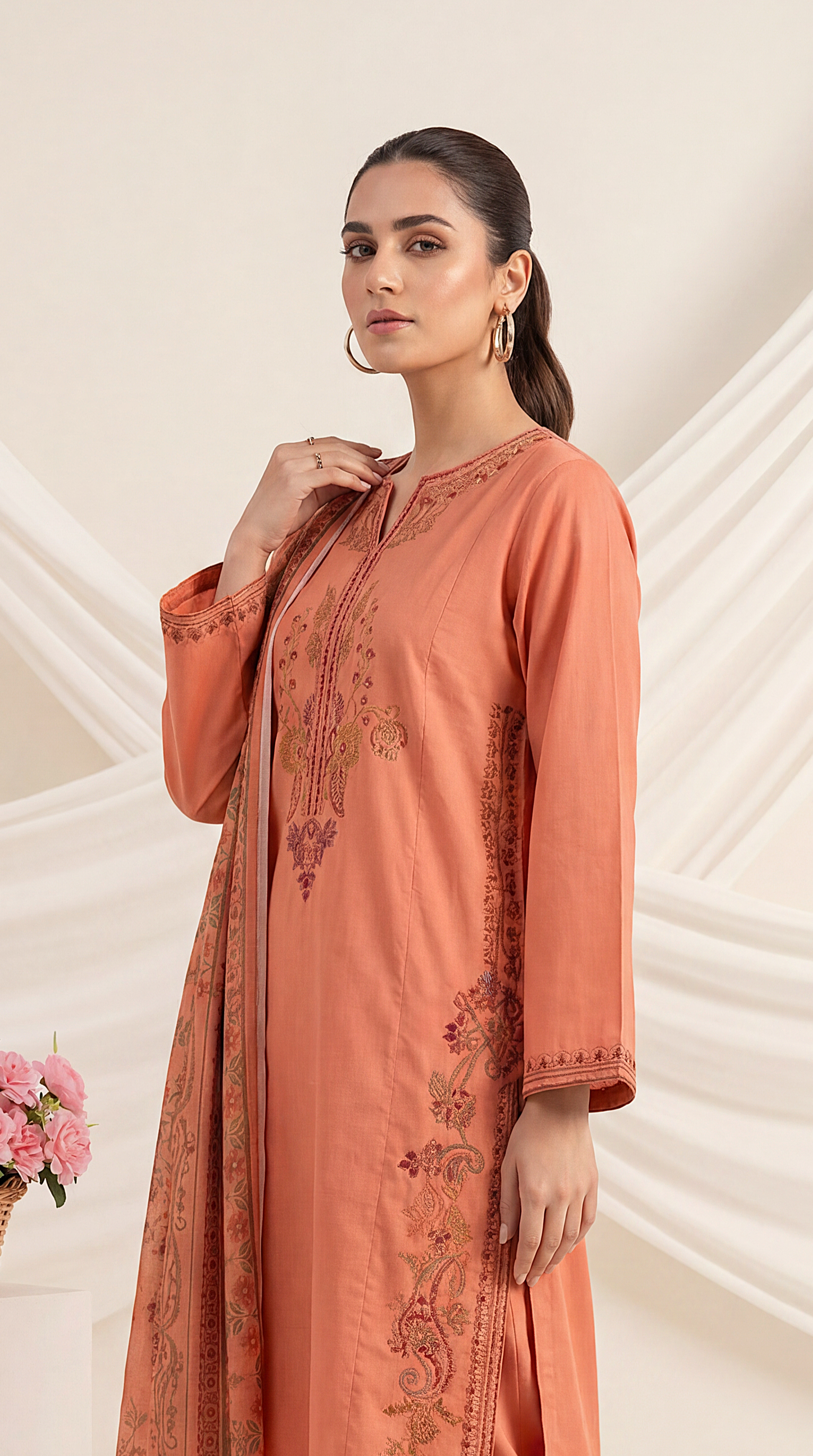 Embroidered  Suit PE01002 Floral  & Printed Dupatta 3 Piece ORANGE / SML