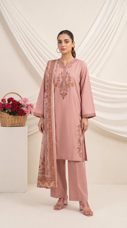 Embroidered  Suit PE01002 Floral  & Printed Dupatta 3 Piece PURPLE / SML