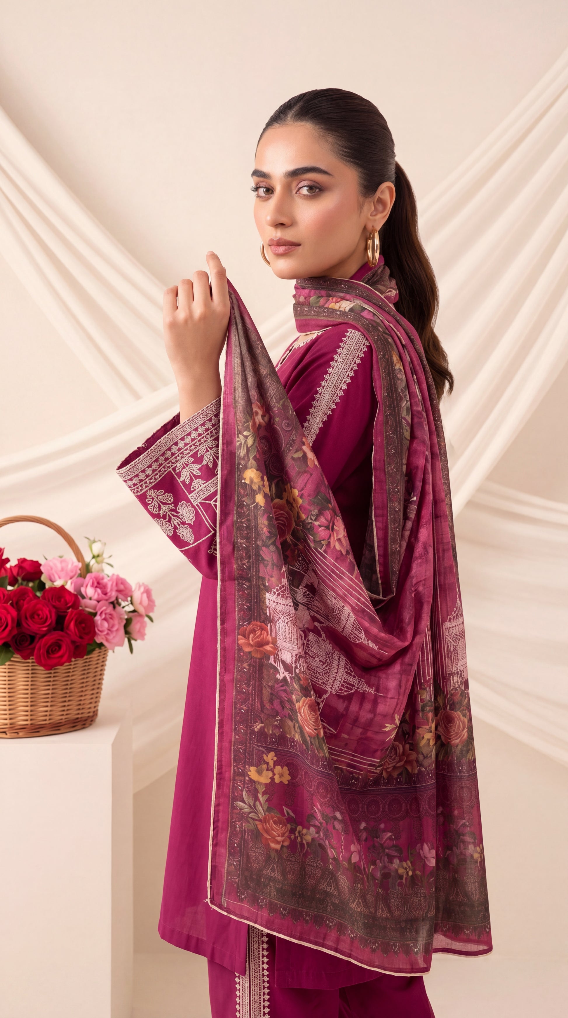 Ladies  Suit PE01007 Contrast Embroidery & Digital Dupatta 3 Piece PINK / SML