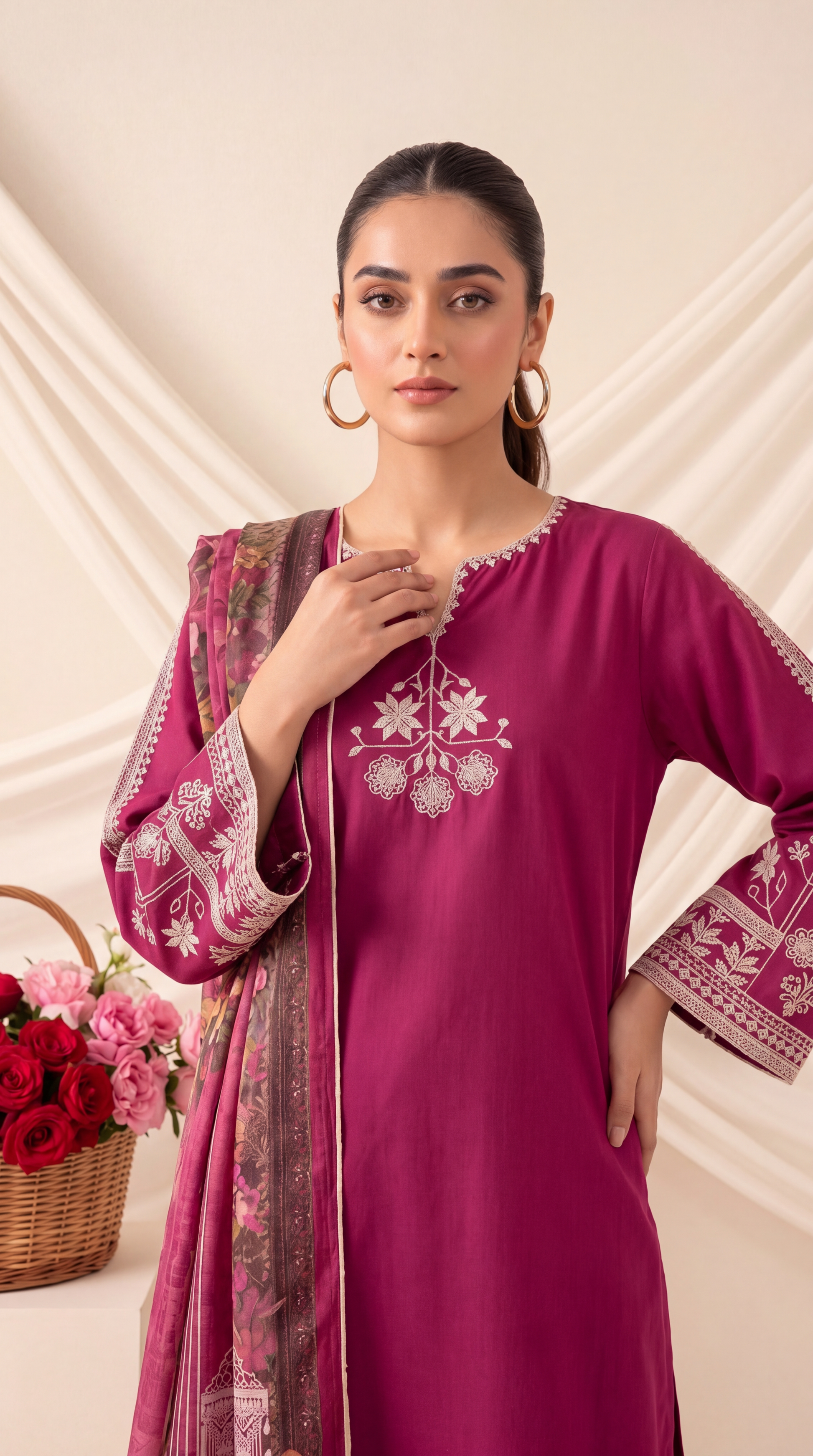Ladies  Suit PE01007 Contrast Embroidery & Digital Dupatta 3 Piece PINK / SML