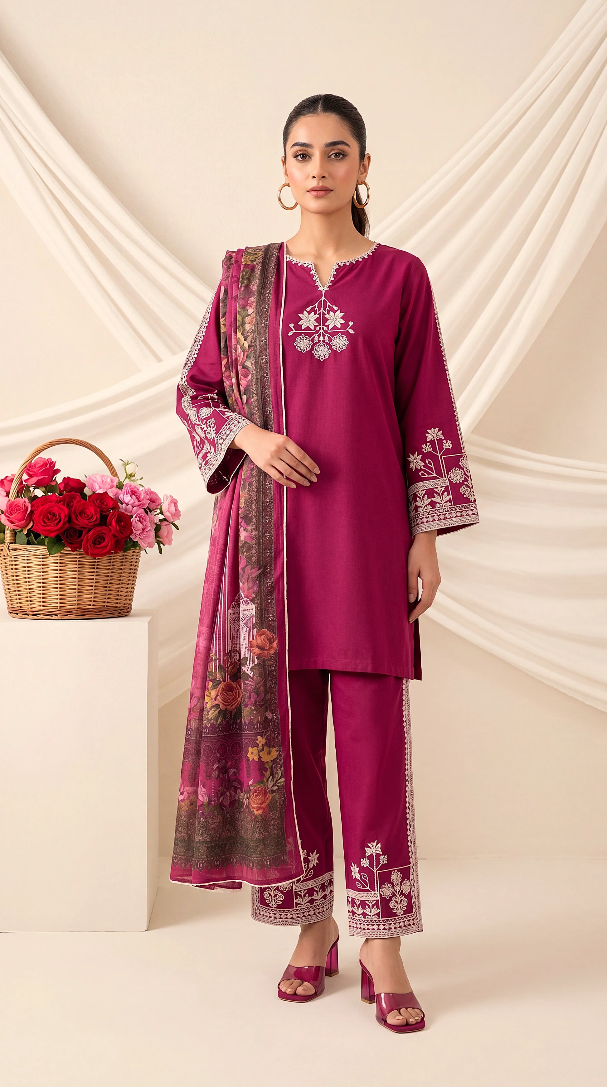 Ladies  Suit PE01007 Contrast Embroidery & Digital Dupatta 3 Piece PINK / SML