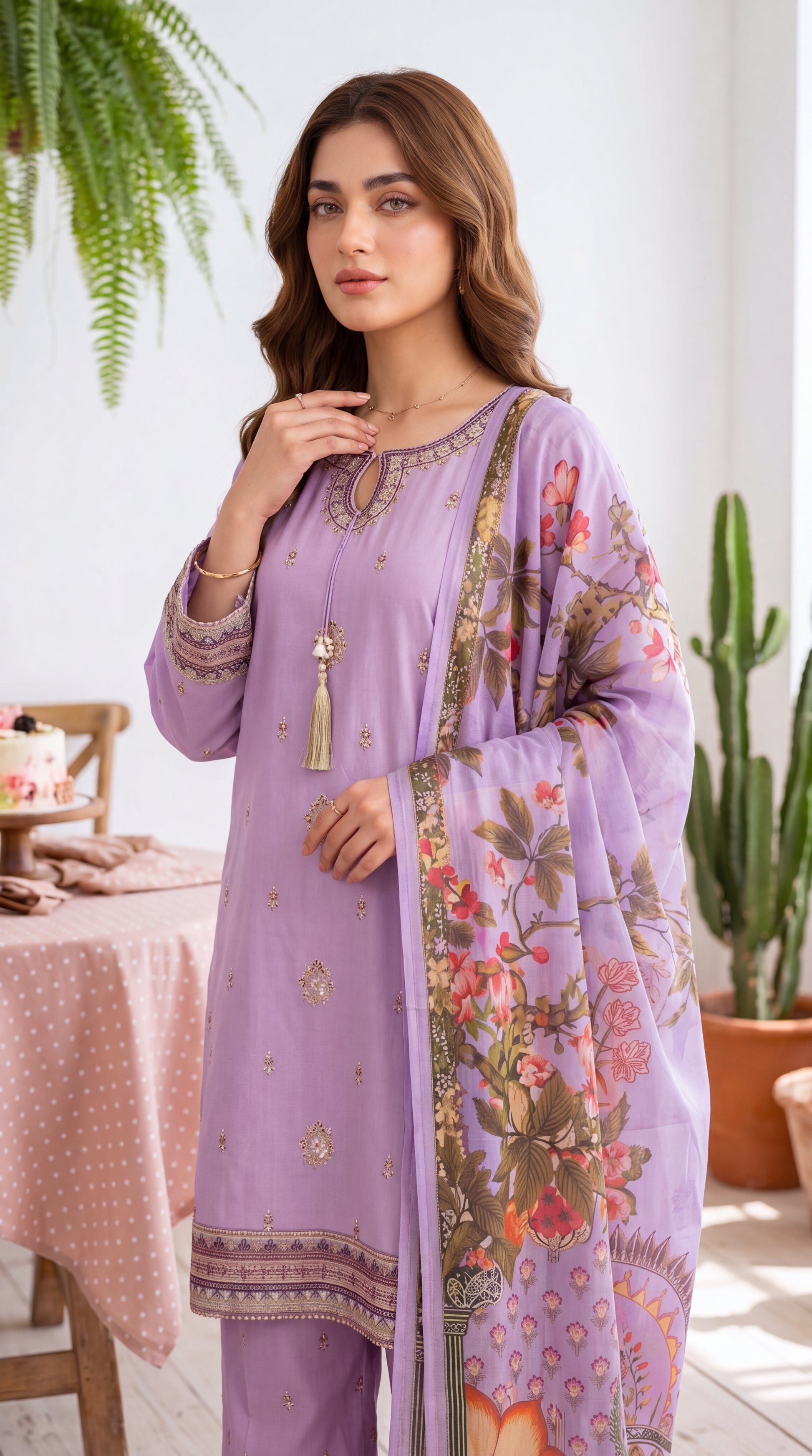 Women's Pret Wear PE01010 Lavender Floral Printed Dupatta 3-Piece PURPLE / SML