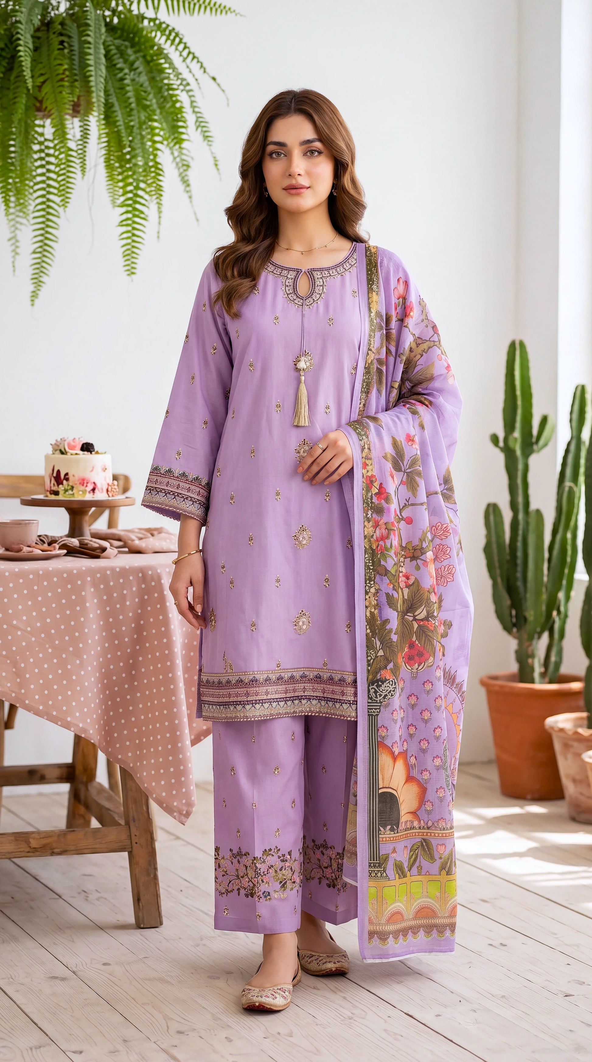 Women's Pret Wear PE01010 Lavender Floral Printed Dupatta 3-Piece PURPLE / SML
