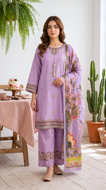 Women's Pret Wear PE01010 Lavender Floral Printed Dupatta 3-Piece PURPLE / SML