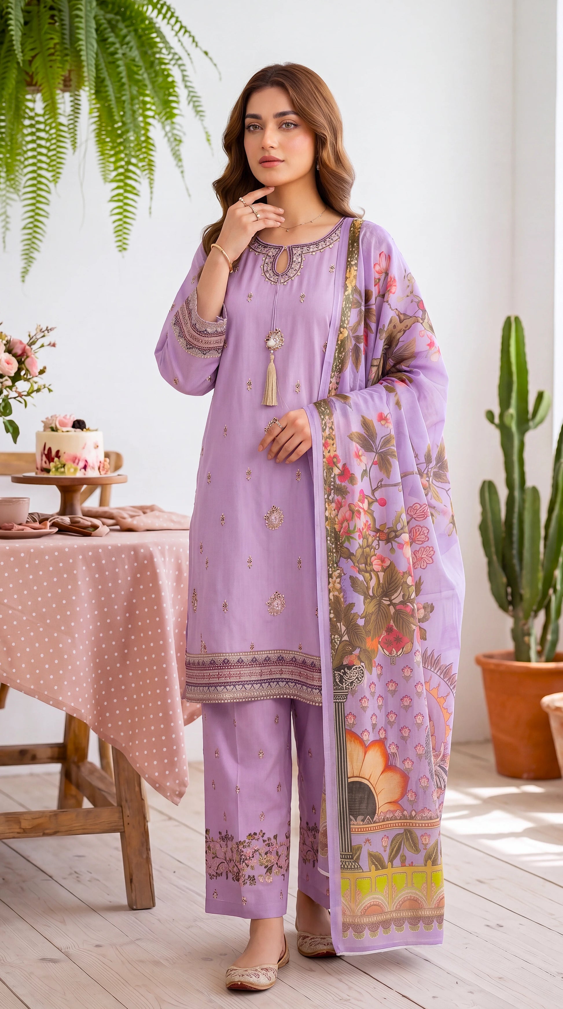 Women's Pret Wear PE01010 Lavender Floral Printed Dupatta 3-Piece PURPLE / SML