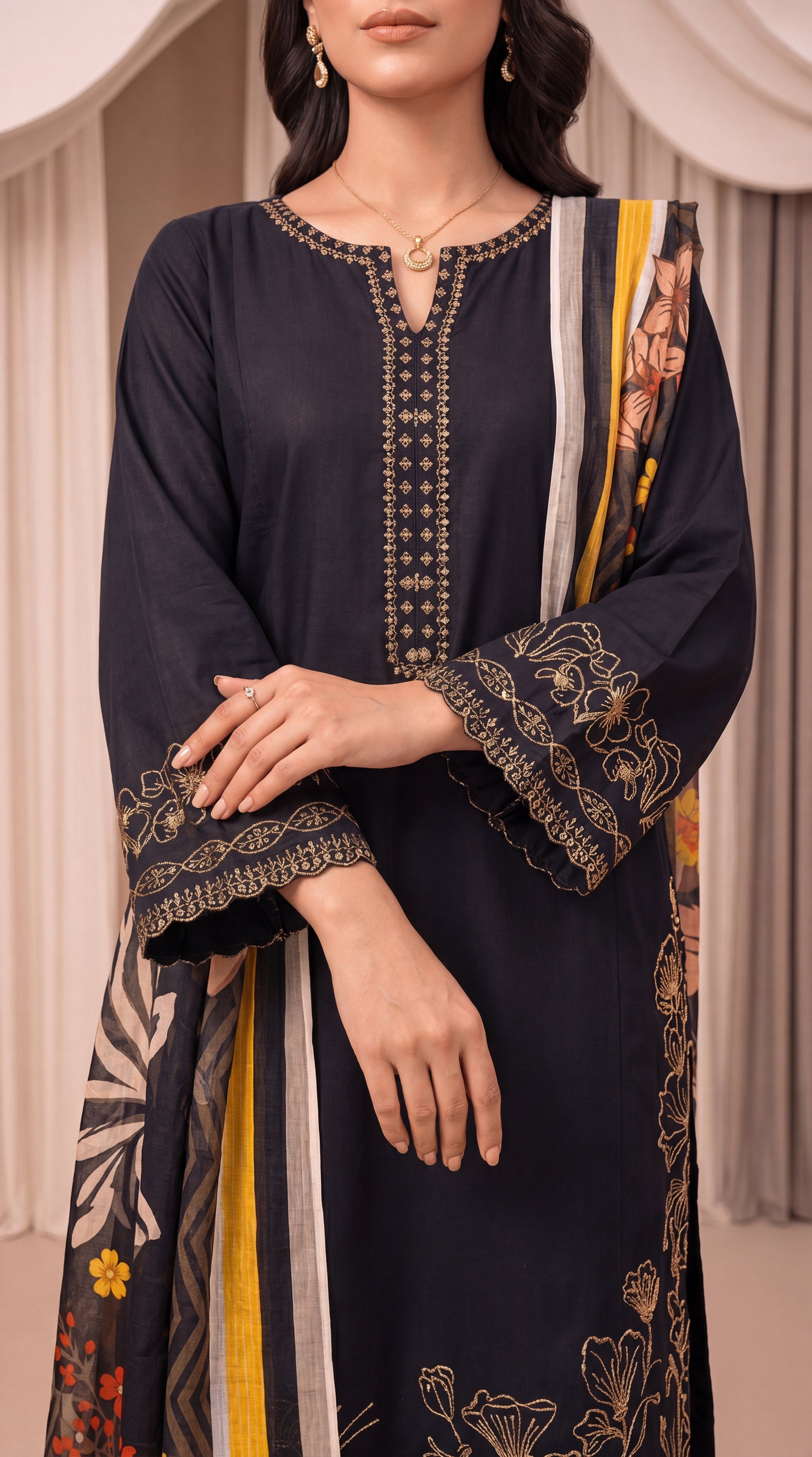 Women's Embroidered Black Suit PE01011 | Floral Printed Dupatta & Lace Finish | 3 Piece | Summer Lawn BLACK / SML