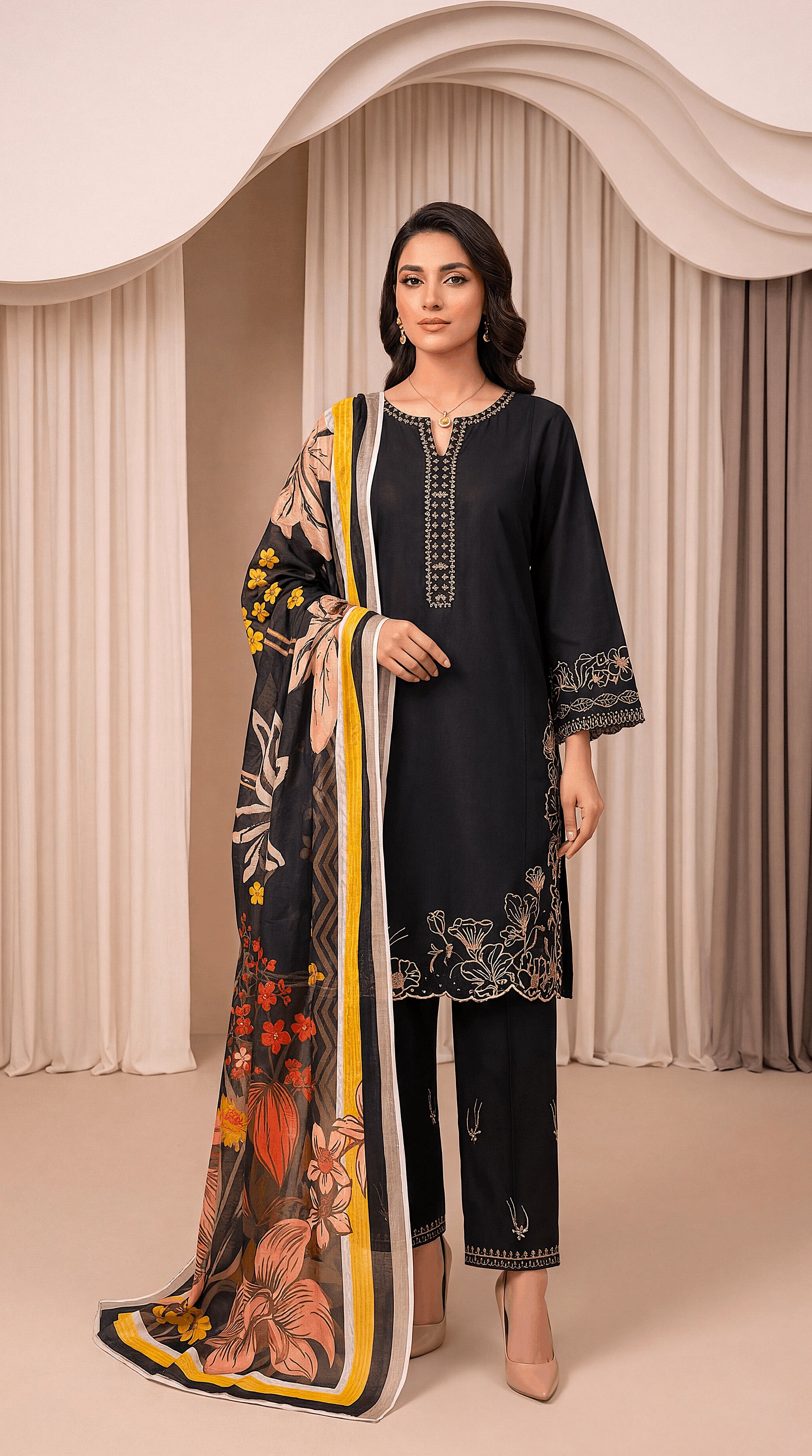 Women's Embroidered Black Suit PE01011 | Floral Printed Dupatta & Lace Finish | 3 Piece | Summer Lawn BLACK / SML