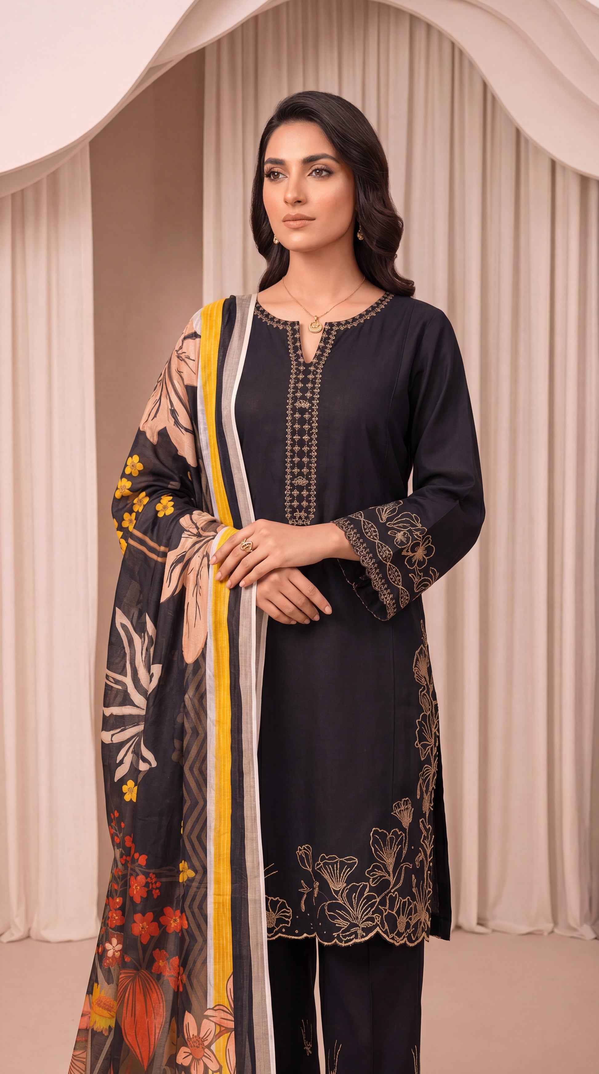 Women's Embroidered Black Suit PE01011 | Floral Printed Dupatta & Lace Finish | 3 Piece | Summer Lawn BLACK / SML