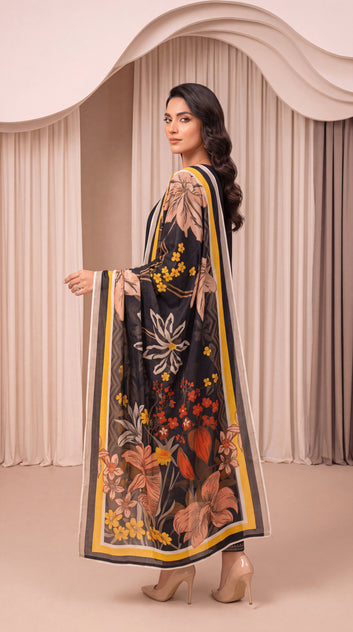 Women's Embroidered Black Suit PE01011 | Floral Printed Dupatta & Lace Finish | 3 Piece | Summer Lawn BLACK / SML
