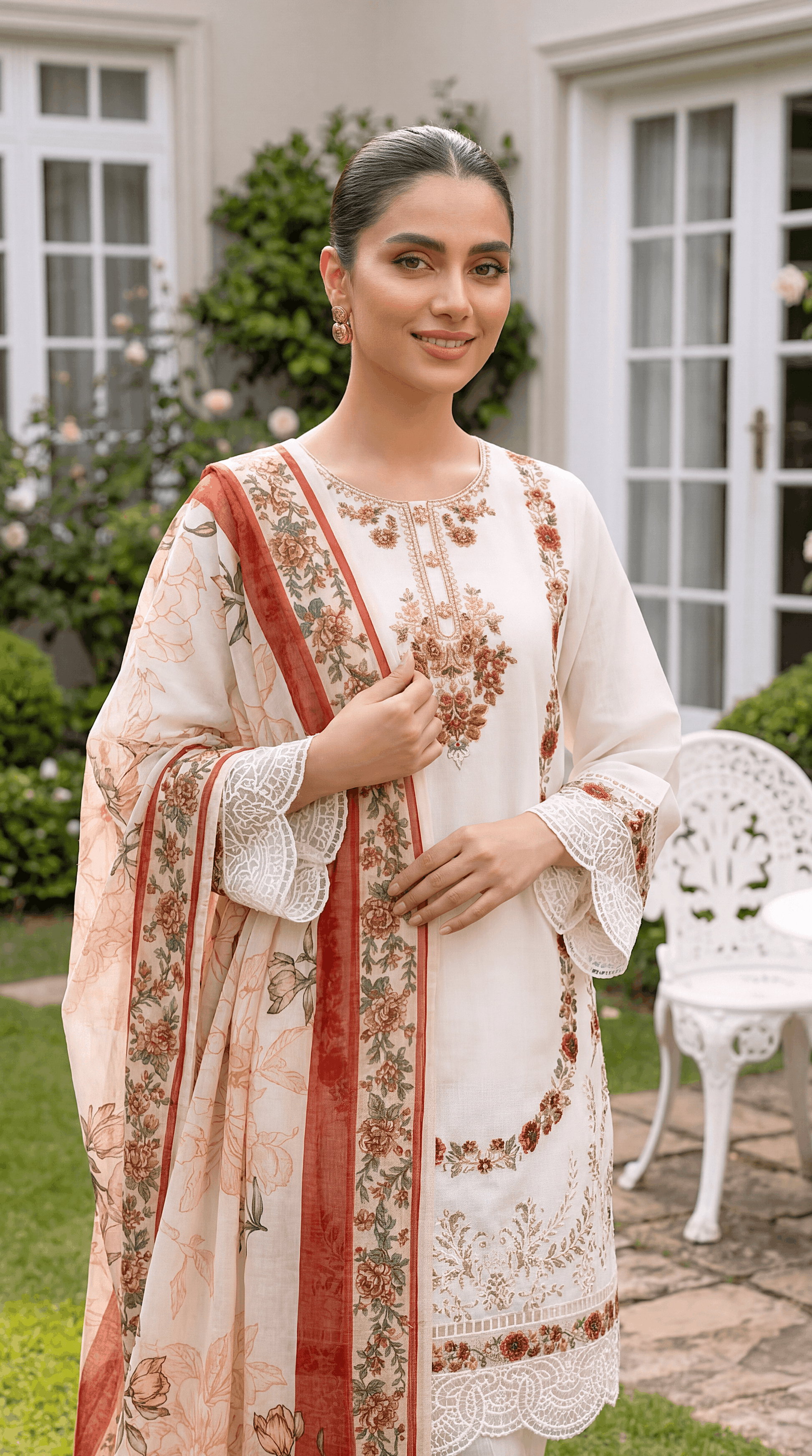 Embroidered  Suit PE01012 Floral Embroidery & Printed Dupatta 3 Piece WHITE / SML