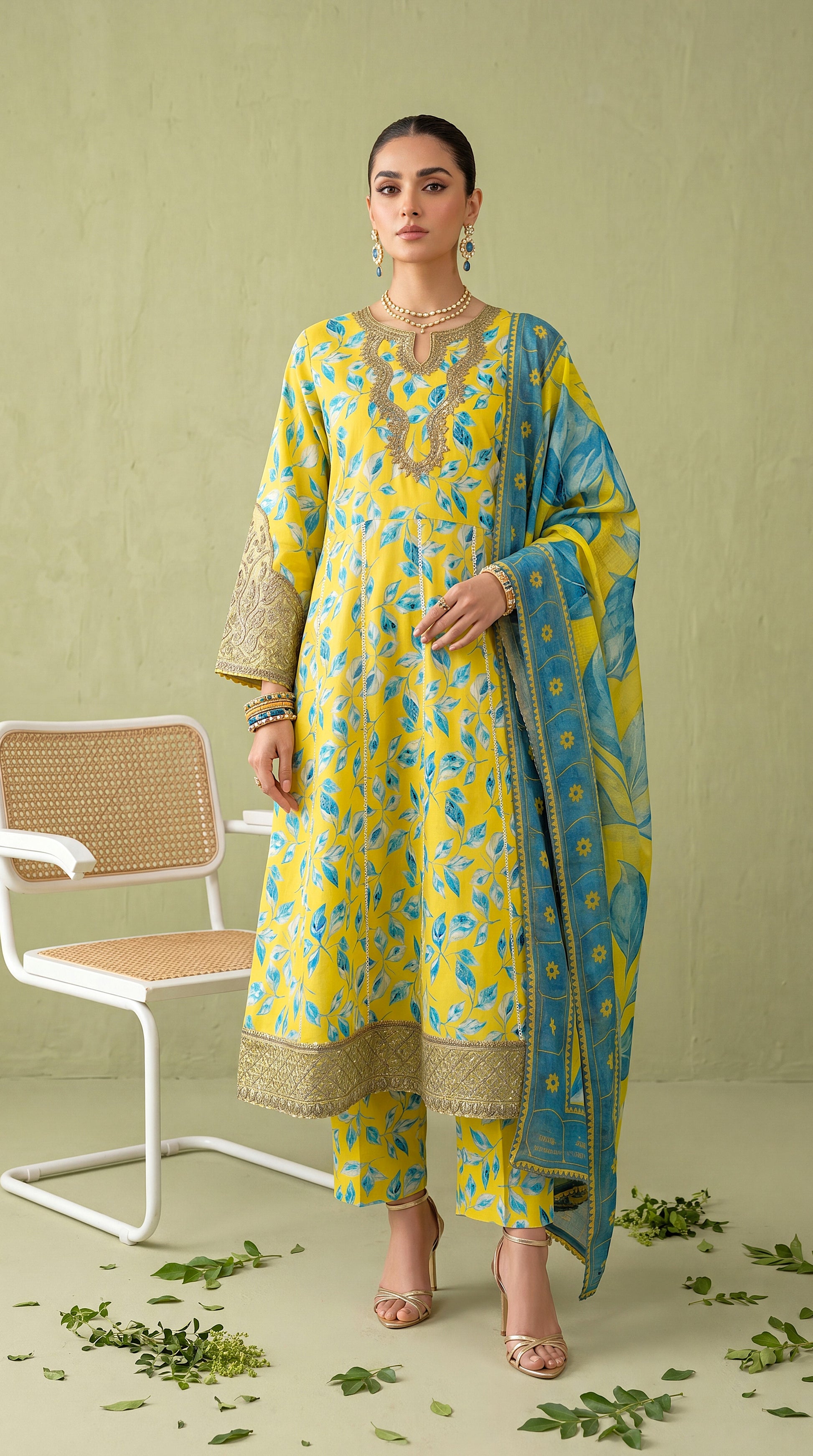 Women's Printed Kurta Set PE01042 | Botanical Leaf Print & Embellished Borders | 3 Piece | Premium Lawn YELLOW / SML