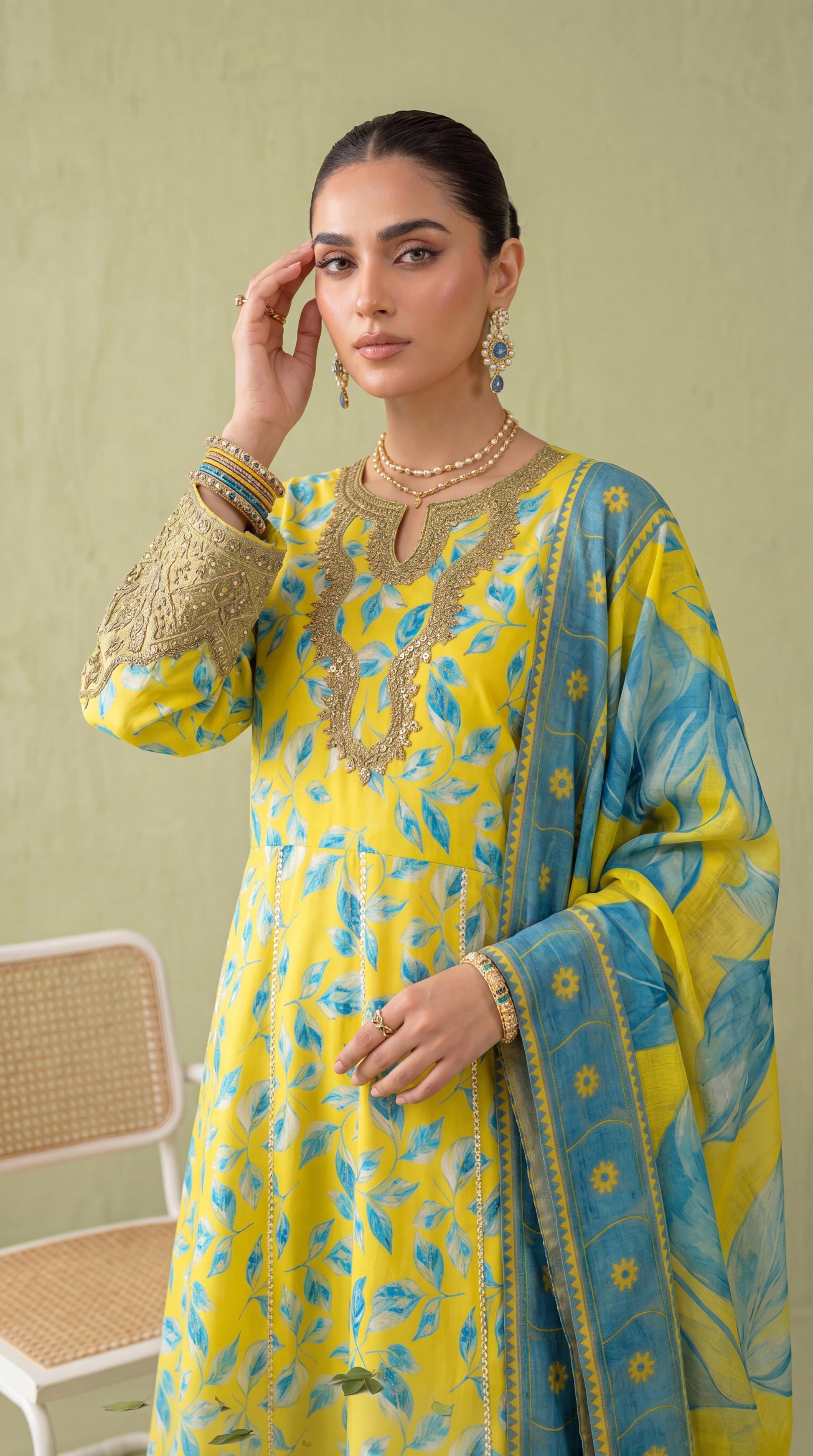 Women's Printed Kurta Set PE01042 | Botanical Leaf Print & Embellished Borders | 3 Piece | Premium Lawn YELLOW / SML