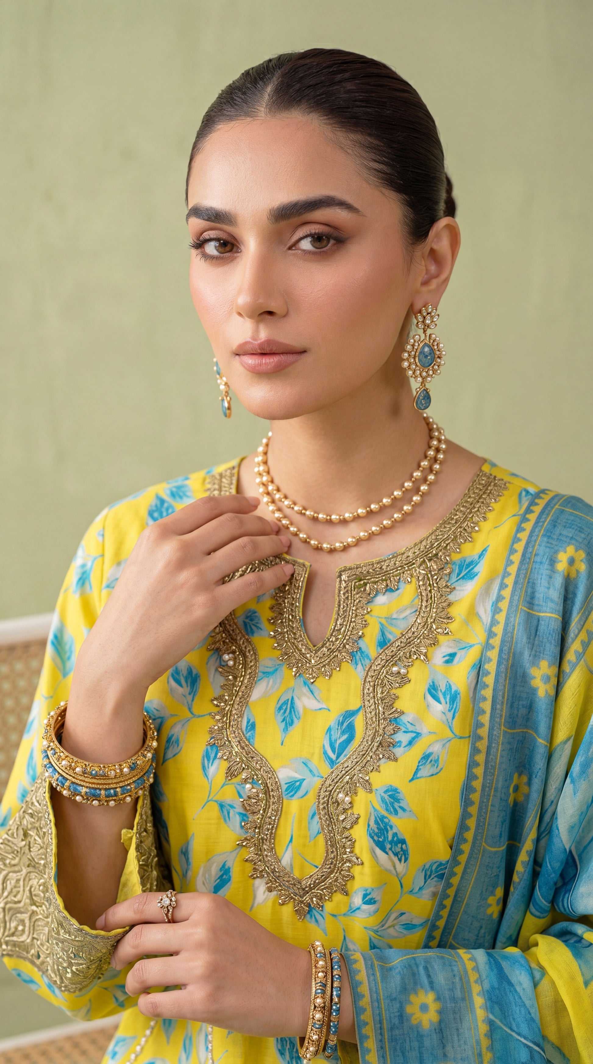 Women's Printed Kurta Set PE01042 | Botanical Leaf Print & Embellished Borders | 3 Piece | Premium Lawn YELLOW / SML