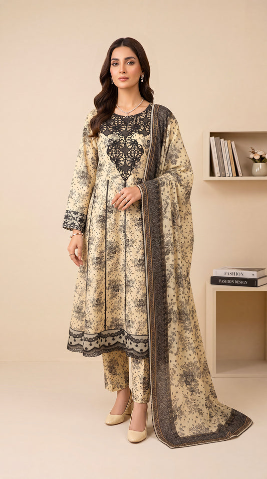 Women's Floral Printed Suit PE01043 | Vintage Monochrome Design & Border Dupatta | 3 Piece | Soft Cambric GRAY / SML