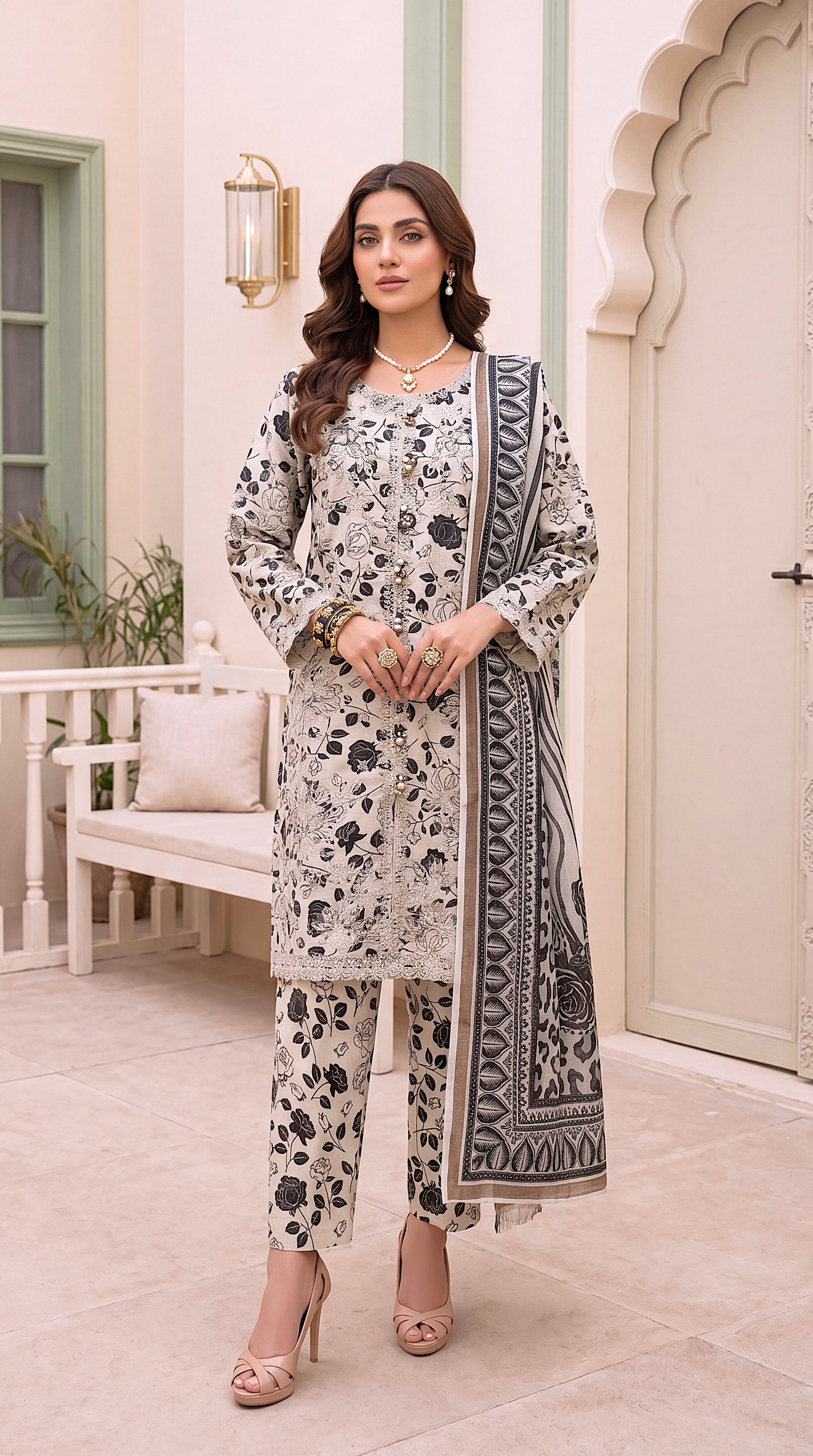 Women's Floral Co-Ord Suit PE01044 | Lace Hem & Statement Dupatta | 3 Piece | Premium Lawn BLACK / SML