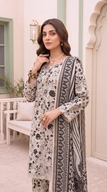 Women's Floral Co-Ord Suit PE01044 | Lace Hem & Statement Dupatta | 3 Piece | Premium Lawn BLACK / SML