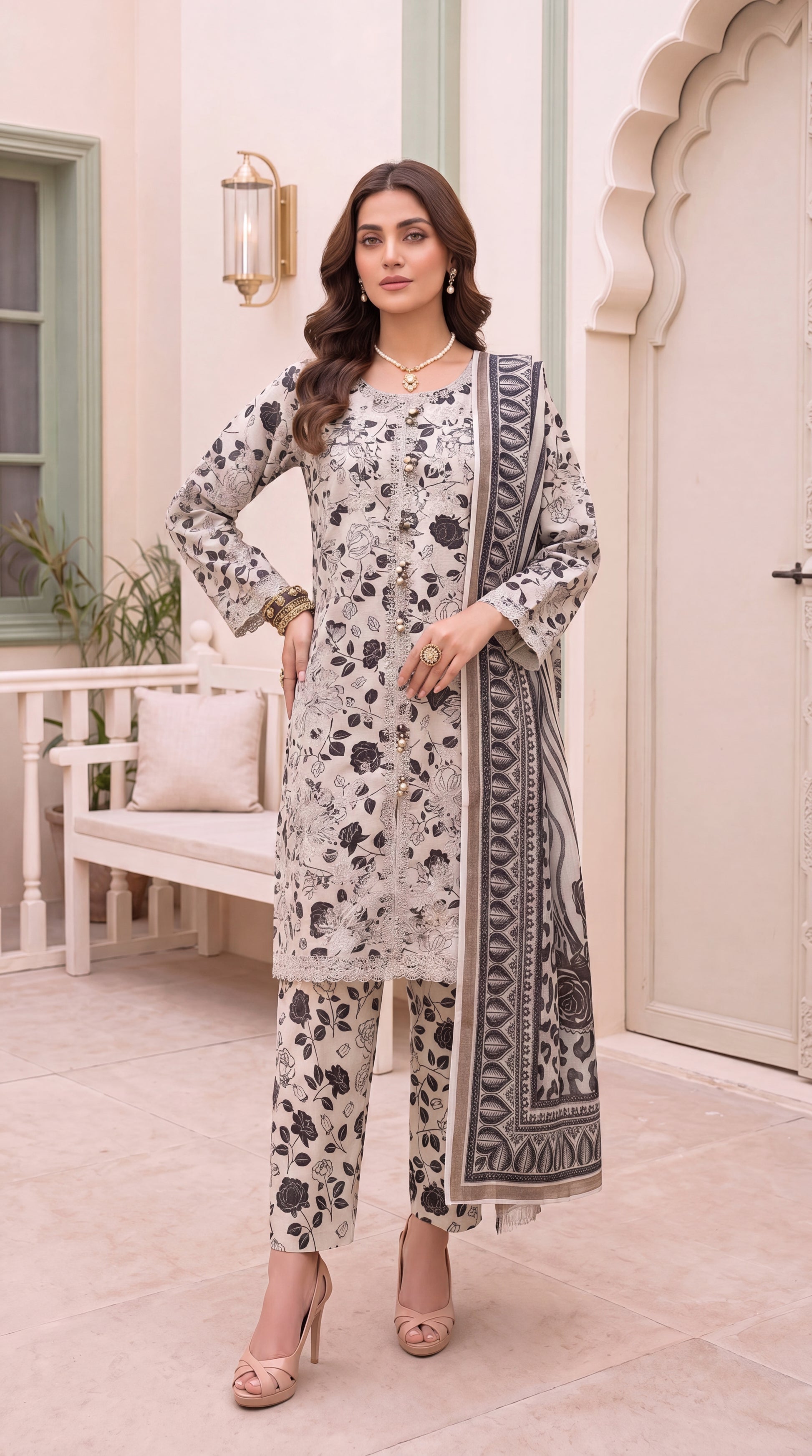 Women's Floral Co-Ord Suit PE01044 | Lace Hem & Statement Dupatta | 3 Piece | Premium Lawn BLACK / SML