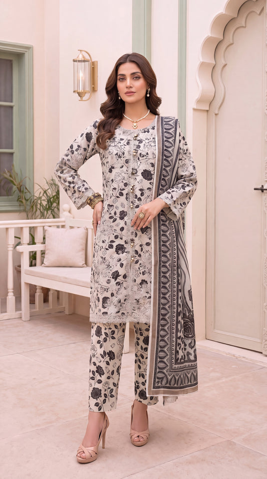 Women's Floral Co-Ord Suit PE01044 | Lace Hem & Statement Dupatta | 3 Piece | Premium Lawn BLACK / SML