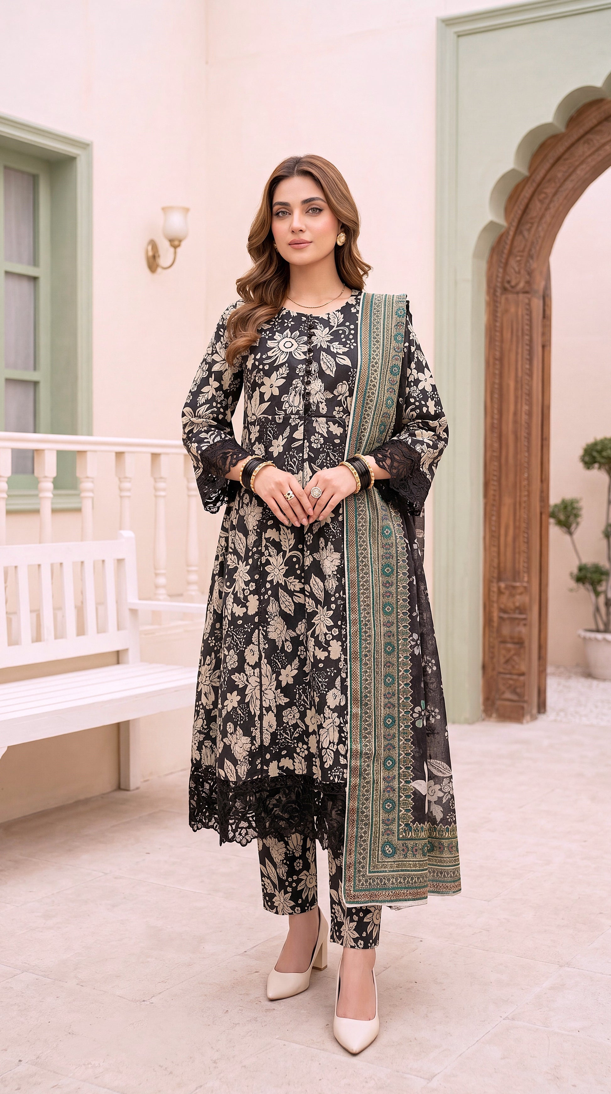 Women's Luxury Embroidered Suit PE01046 | Gold Ornamental Motifs & Rich Borders | 3 Piece | Jacquard Lawn BLACK / SML
