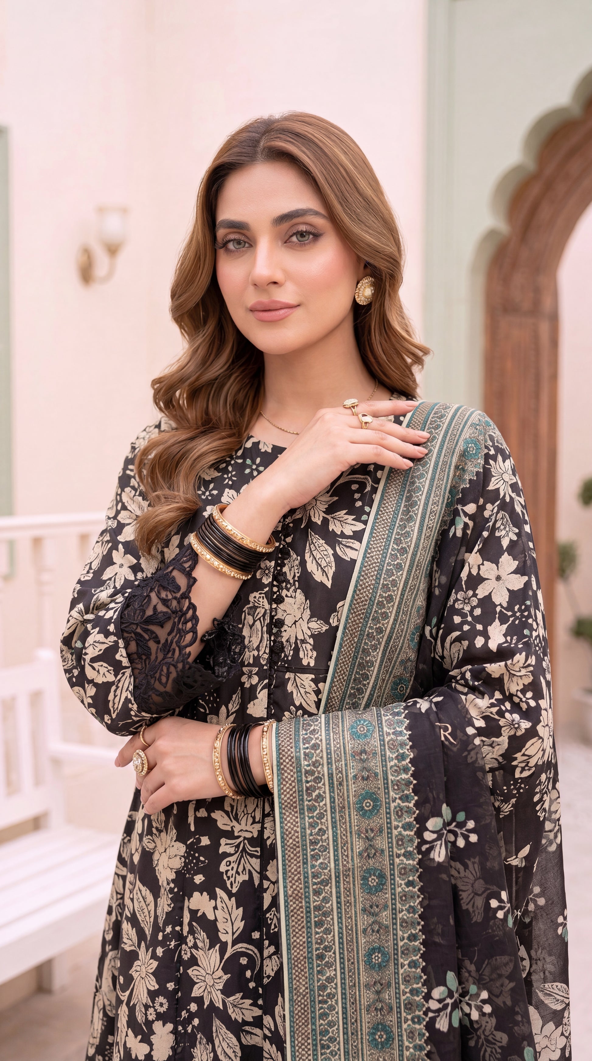 Women's Luxury Embroidered Suit PE01046 | Gold Ornamental Motifs & Rich Borders | 3 Piece | Jacquard Lawn BLACK / SML