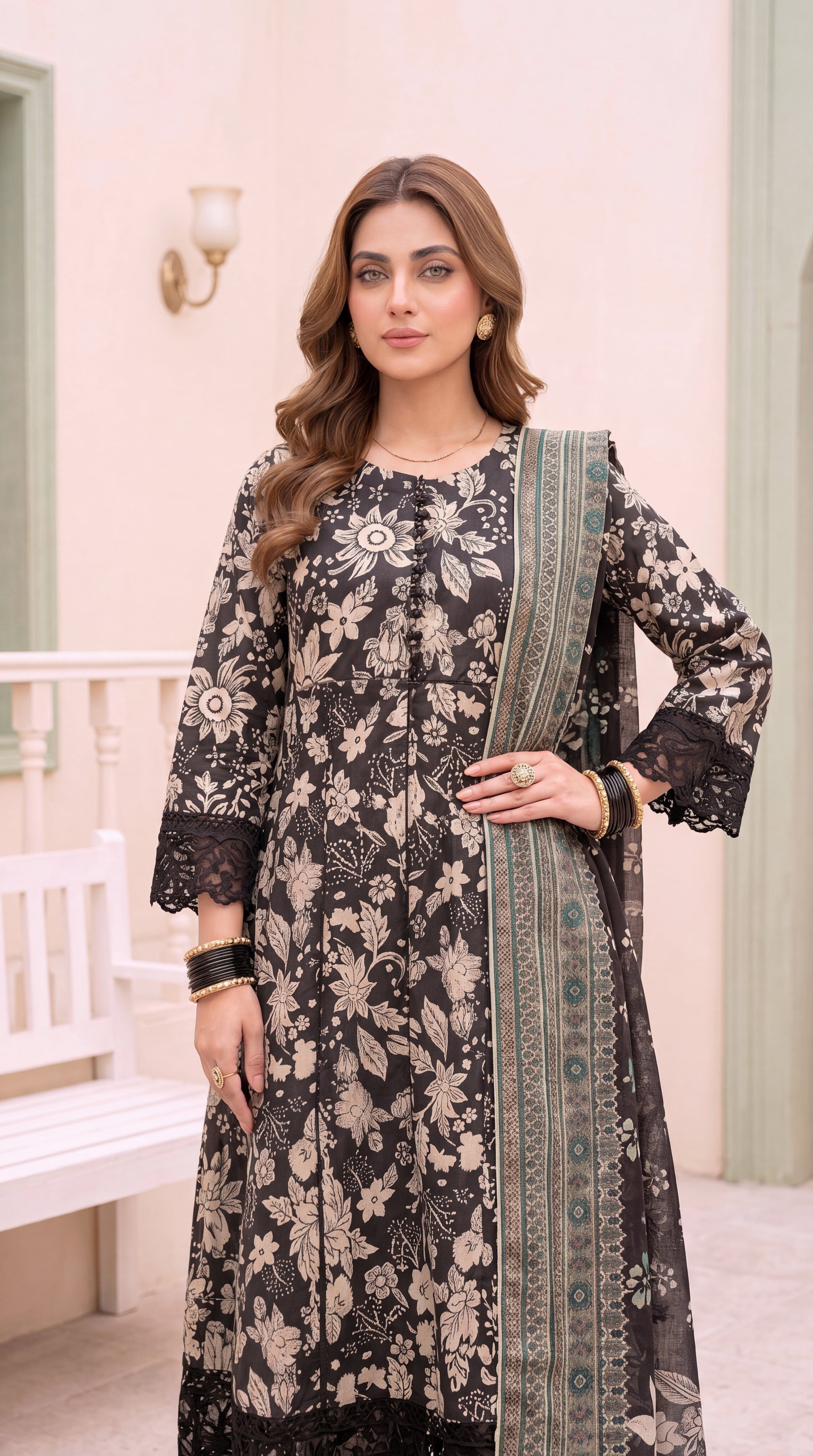 Women's Luxury Embroidered Suit PE01046 | Gold Ornamental Motifs & Rich Borders | 3 Piece | Jacquard Lawn BLACK / SML