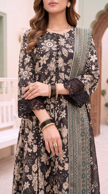 Women's Luxury Embroidered Suit PE01046 | Gold Ornamental Motifs & Rich Borders | 3 Piece | Jacquard Lawn BLACK / SML