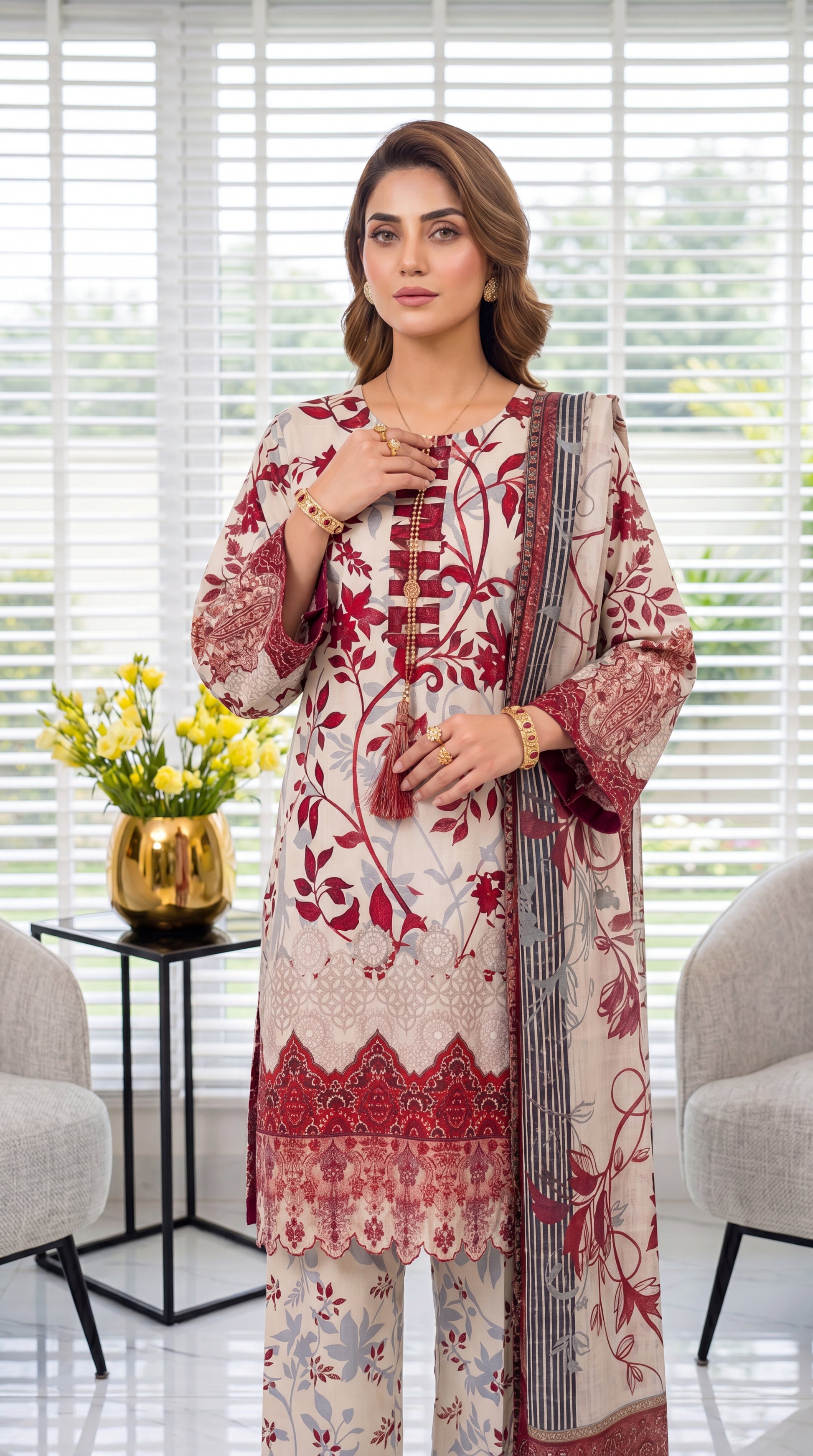 Women's Festive Suit PE01048 | Floral Embroidery & Organza Style Dupatta | 3 Piece | Cotton Silk PINK / SML