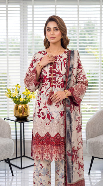 Women's Festive Suit PE01048 | Floral Embroidery & Organza Style Dupatta | 3 Piece | Cotton Silk PINK / SML