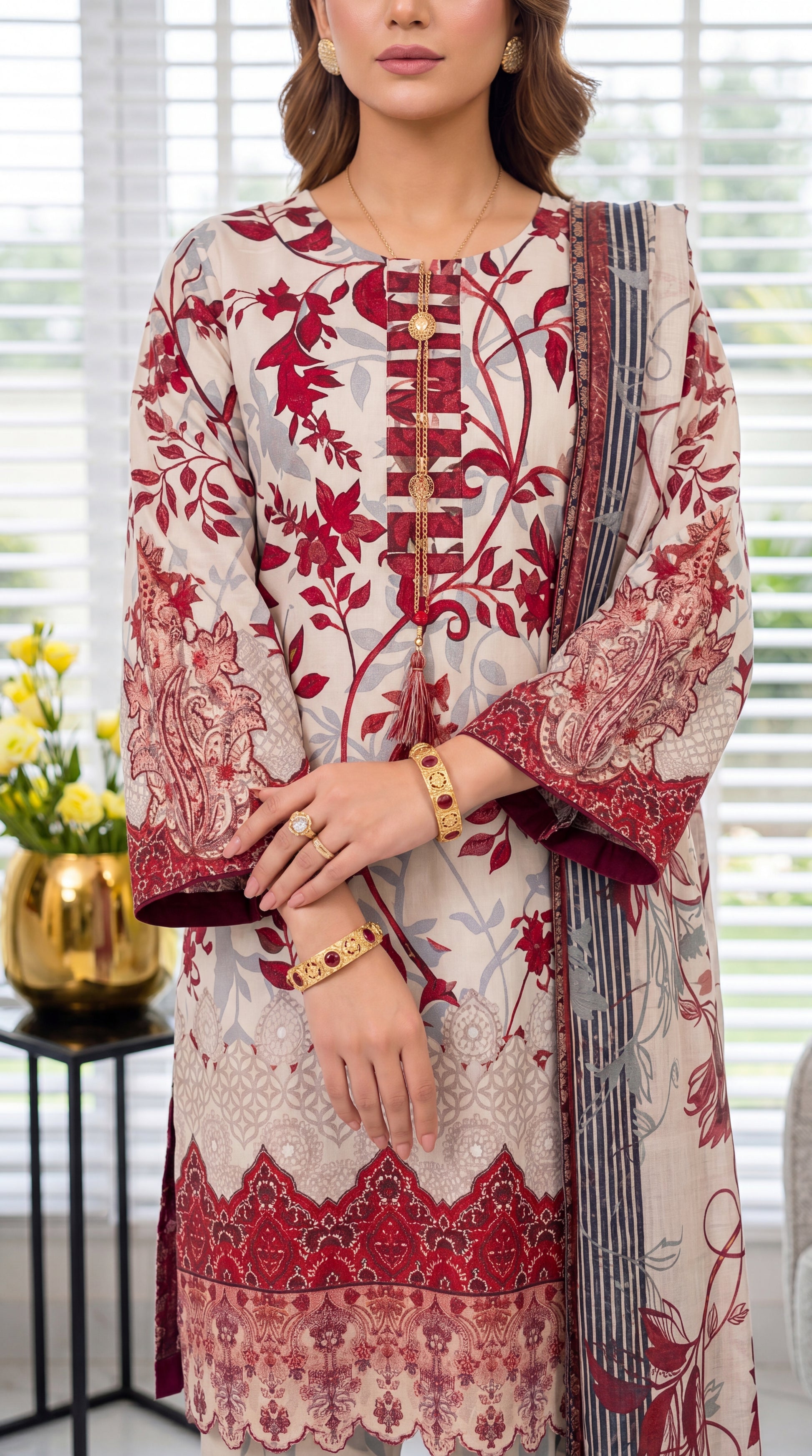 Women's Festive Suit PE01048 | Floral Embroidery & Organza Style Dupatta | 3 Piece | Cotton Silk PINK / SML