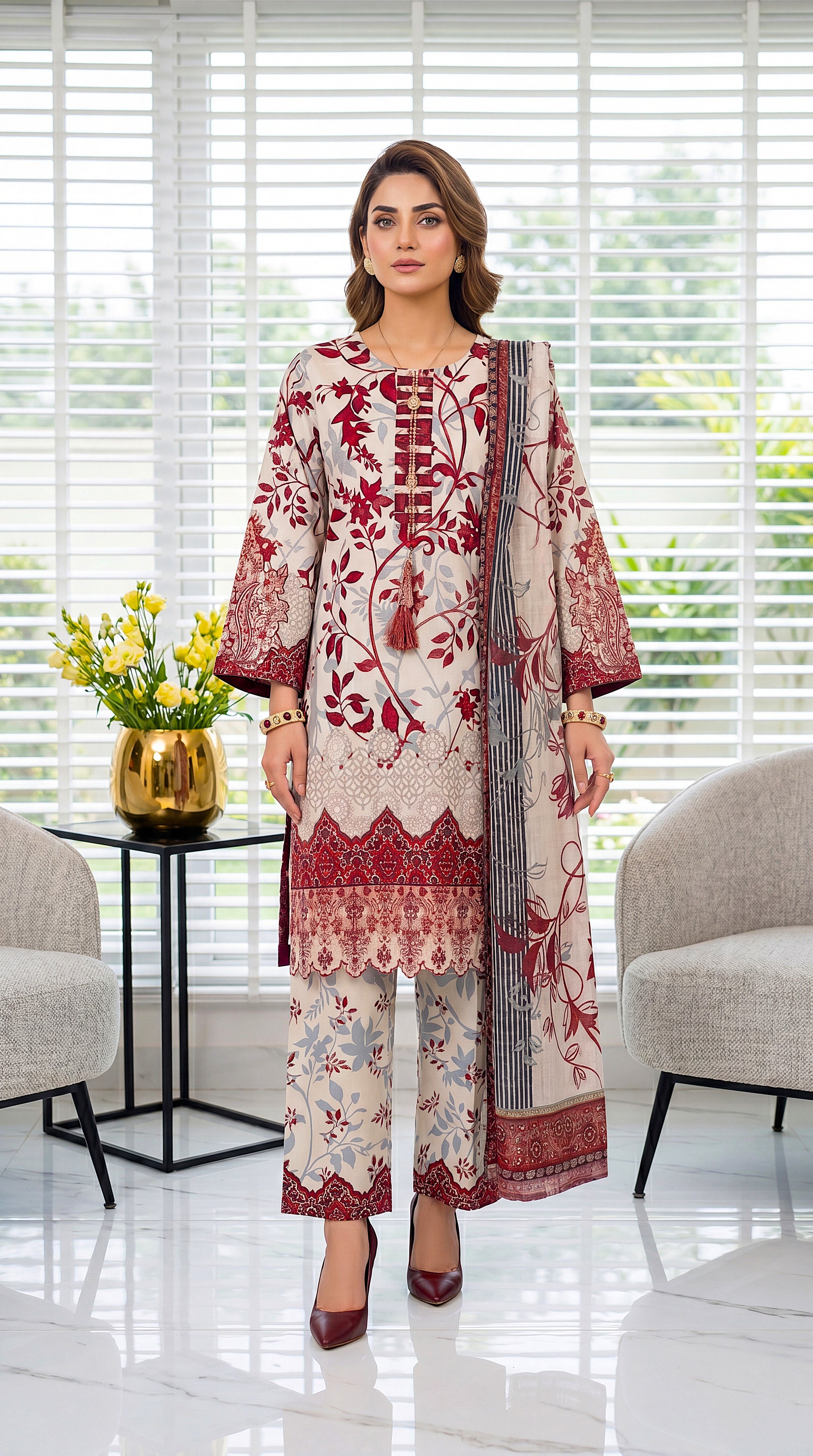 Women's Festive Suit PE01048 | Floral Embroidery & Organza Style Dupatta | 3 Piece | Cotton Silk PINK / SML
