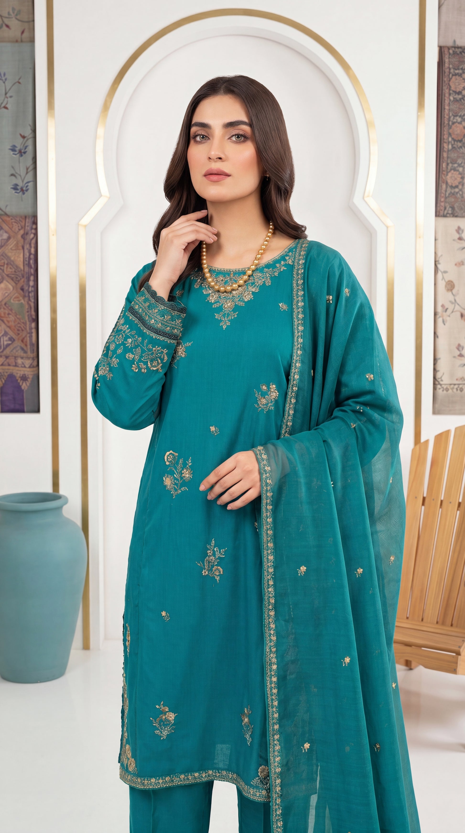 Rose Peach Banarsi Texture & Emb Daman 3 Piece Embroidered Suit - PE01049 GREEN / SML