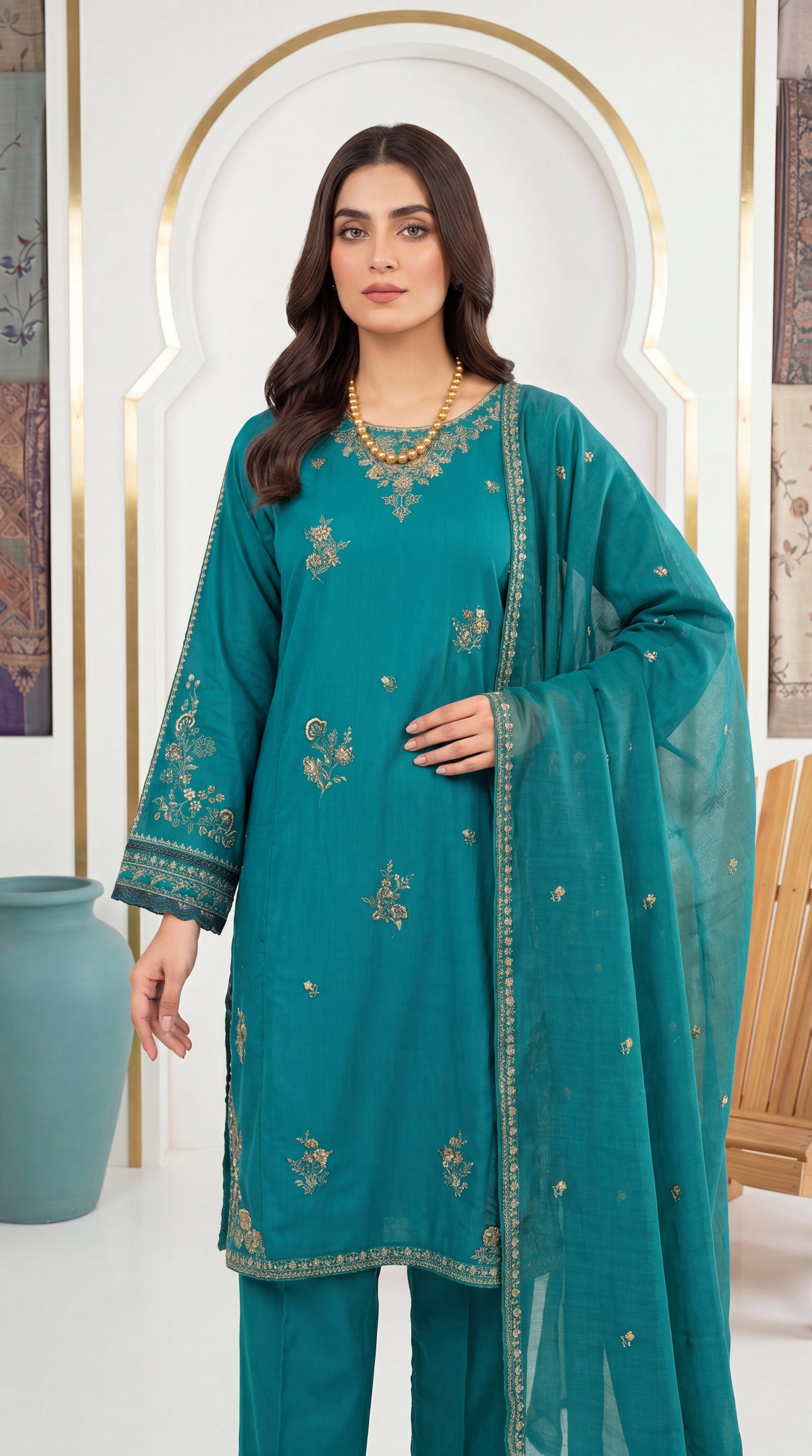 Rose Peach Banarsi Texture & Emb Daman 3 Piece Embroidered Suit - PE01049 GREEN / SML