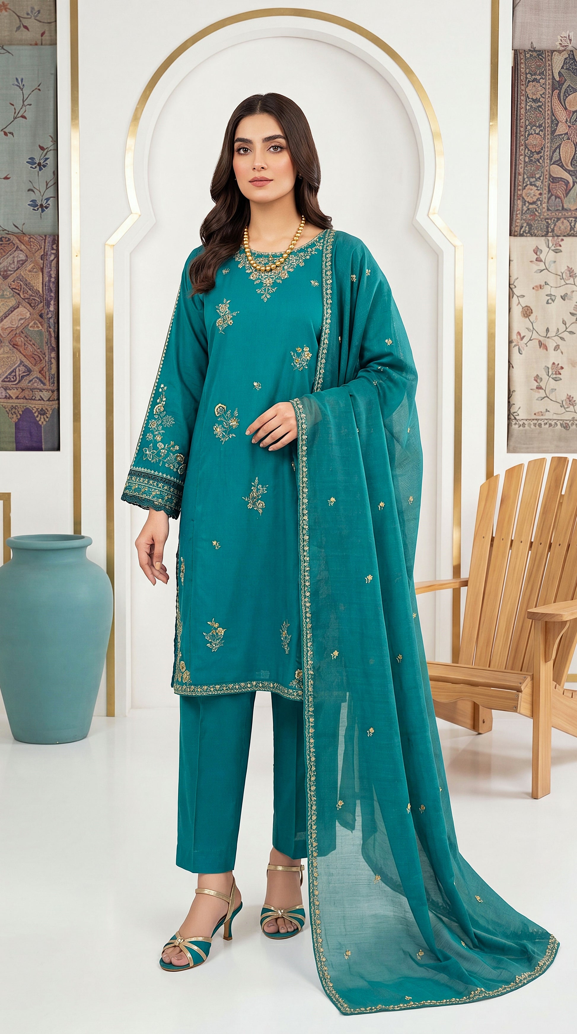 Rose Peach Banarsi Texture & Emb Daman 3 Piece Embroidered Suit - PE01049 GREEN / SML