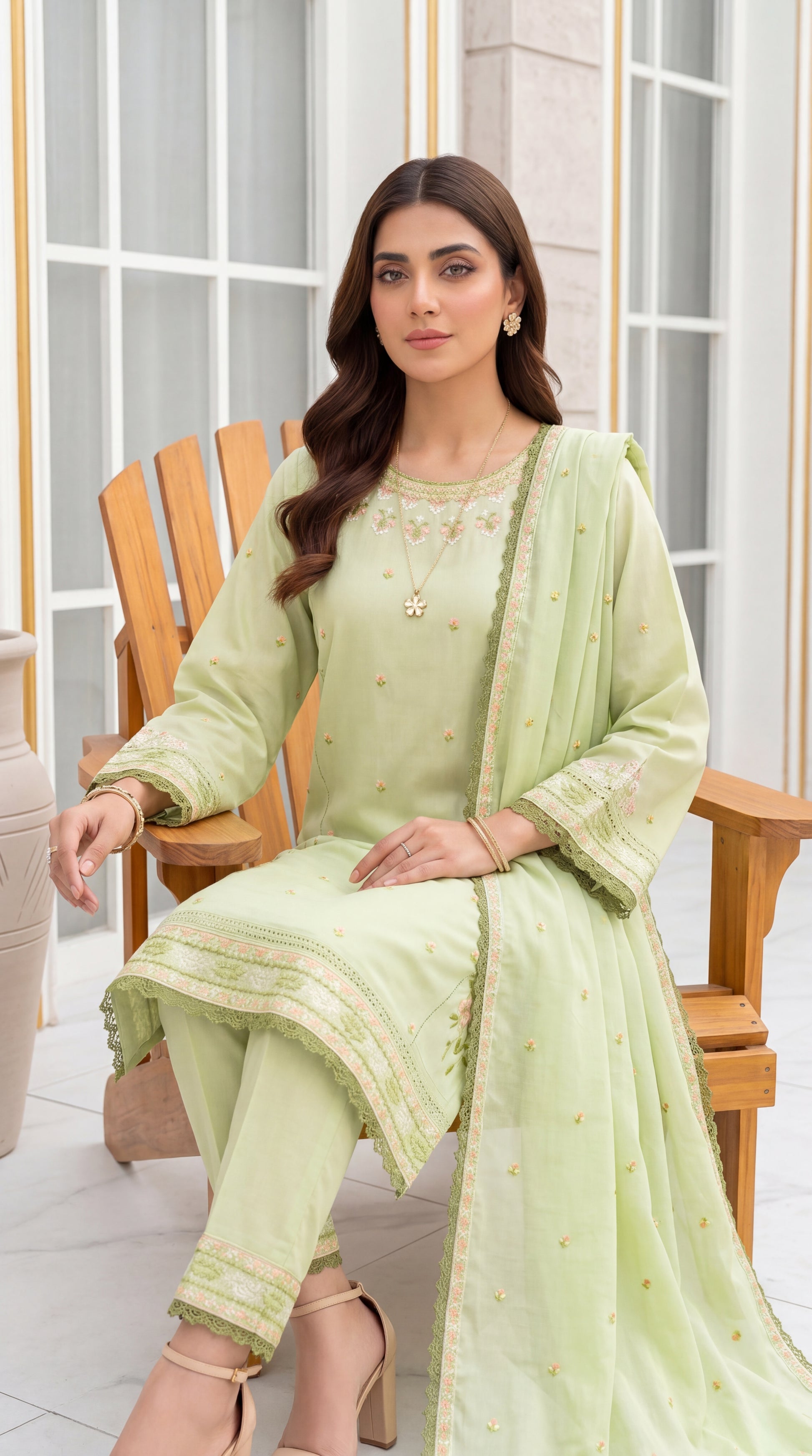 Sea Green Sequin Touch & Modern Modest Cut 3 Piece Embroidered Suit - PE01050 PISTA / SML