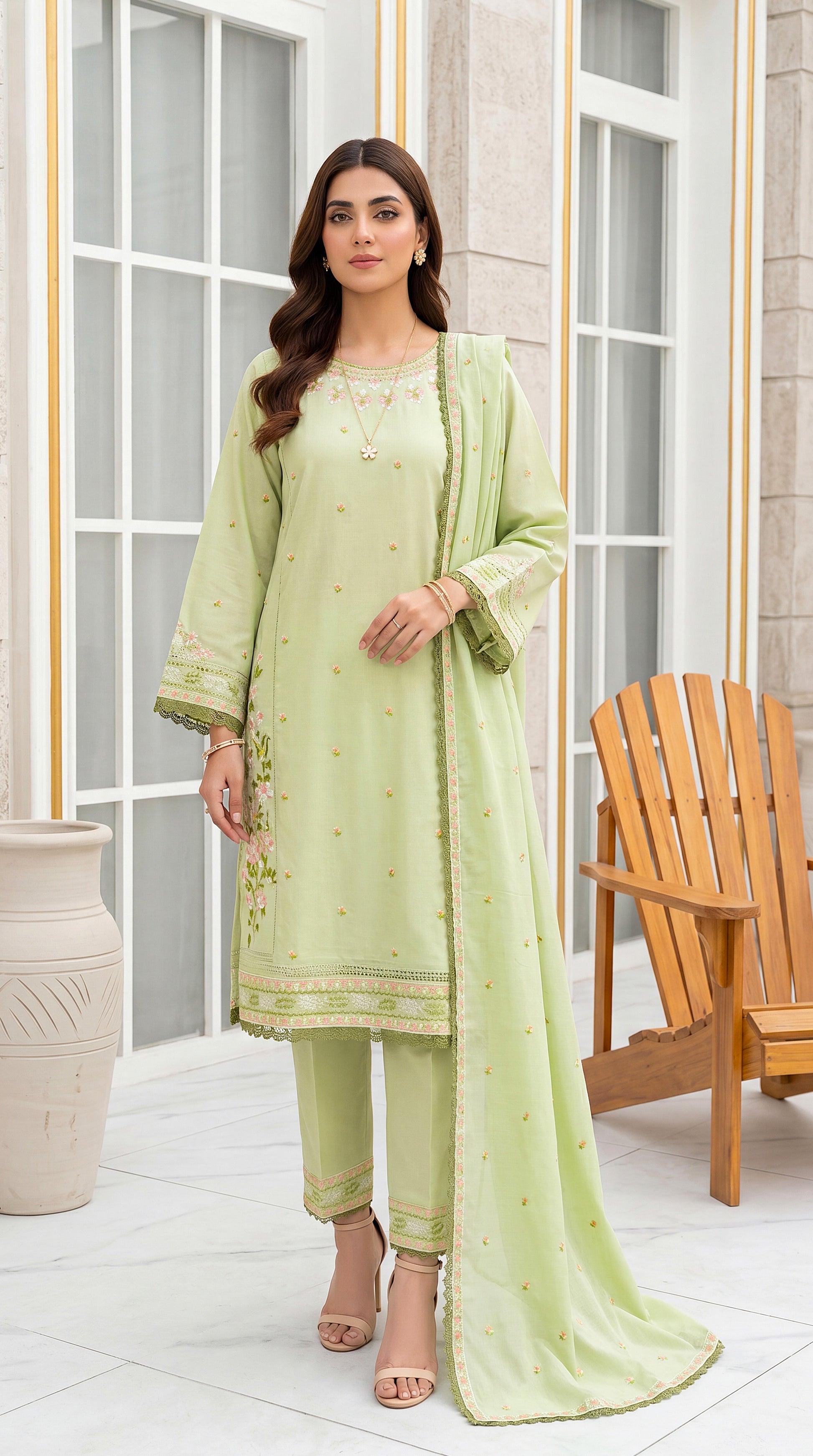 Sea Green Sequin Touch & Modern Modest Cut 3 Piece Embroidered Suit - PE01050 PISTA / SML