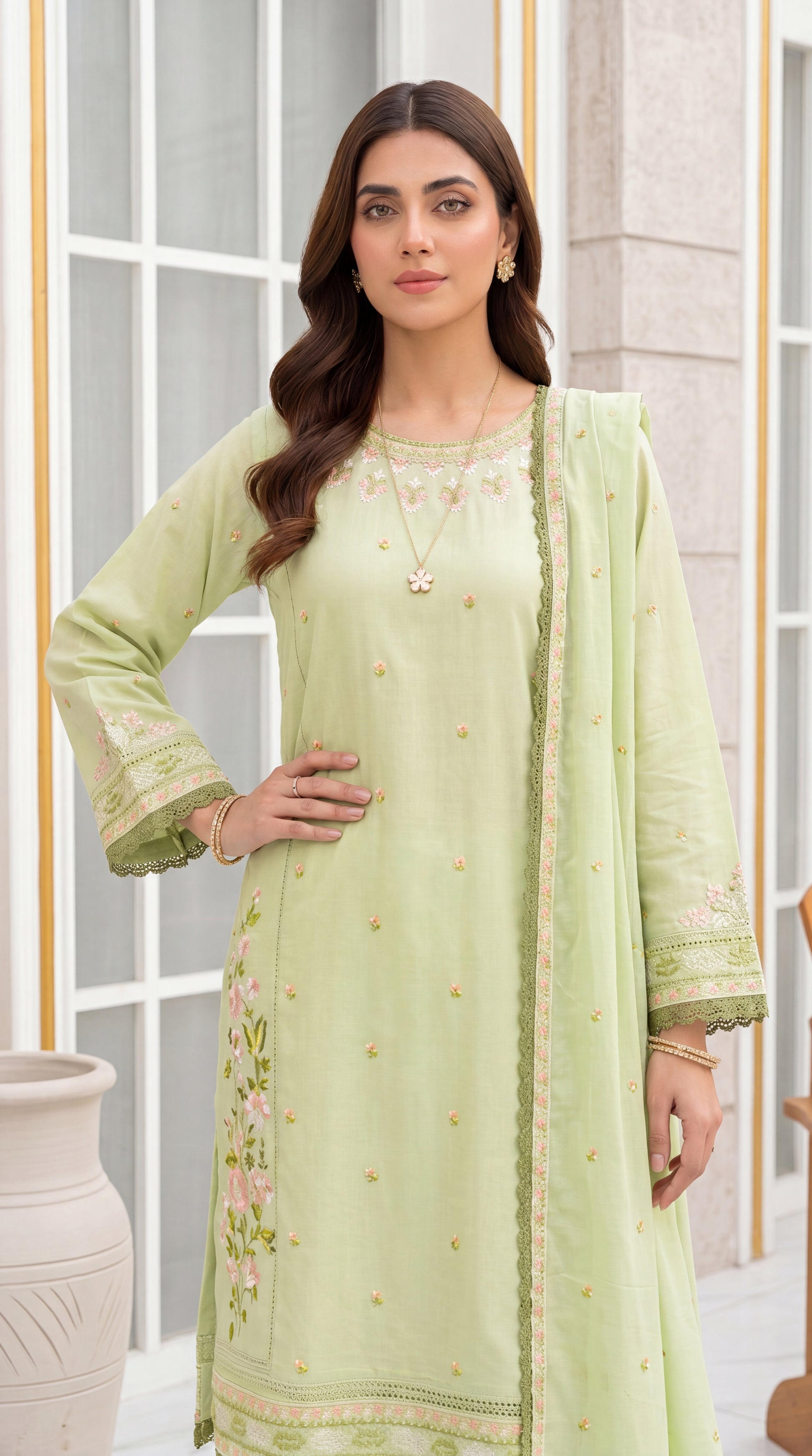 Sea Green Sequin Touch & Modern Modest Cut 3 Piece Embroidered Suit - PE01050 PISTA / SML