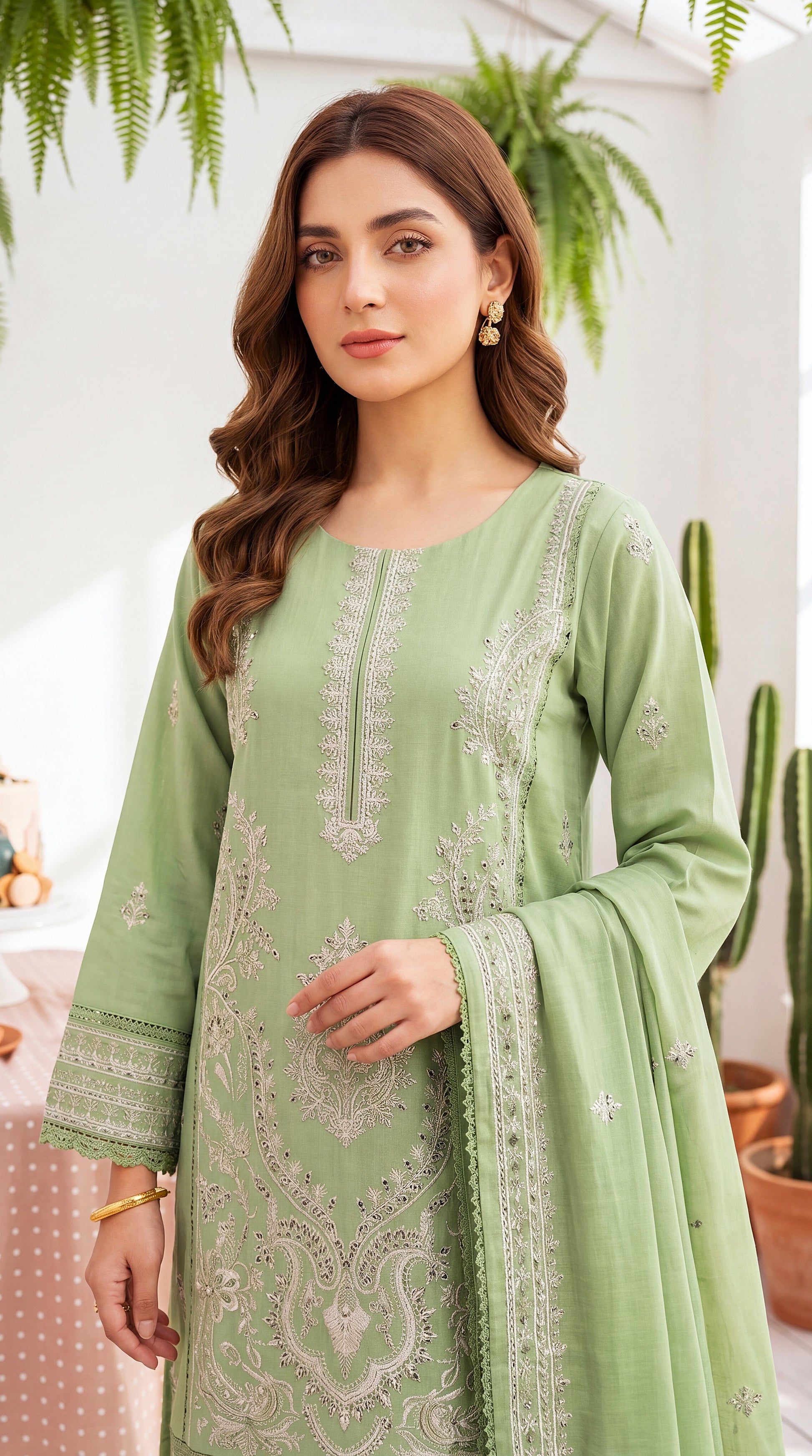 Women's Pret Wear PE01051 Mint Embroidered Straight Cut 3-Piece GREEN / SML