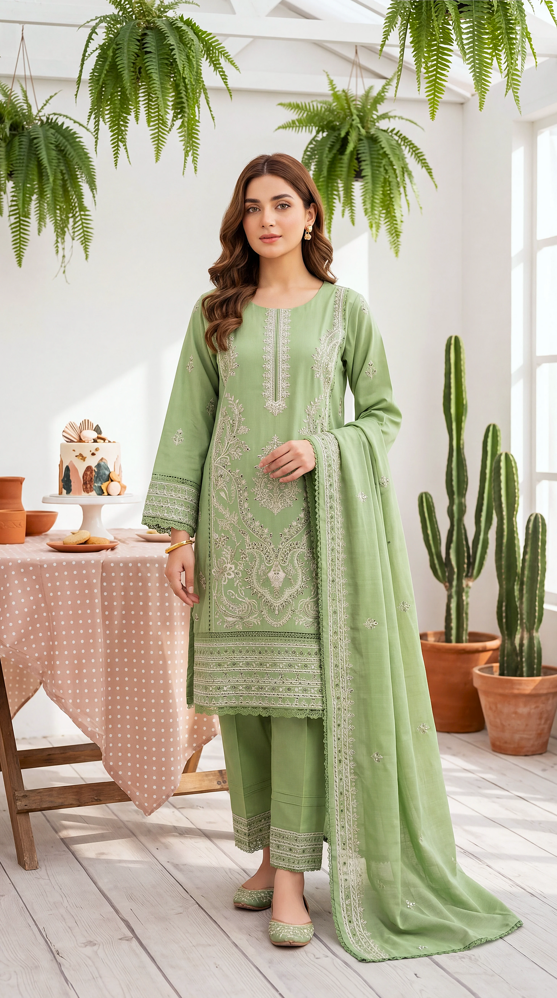 Women's Pret Wear PE01051 Mint Embroidered Straight Cut 3-Piece GREEN / SML