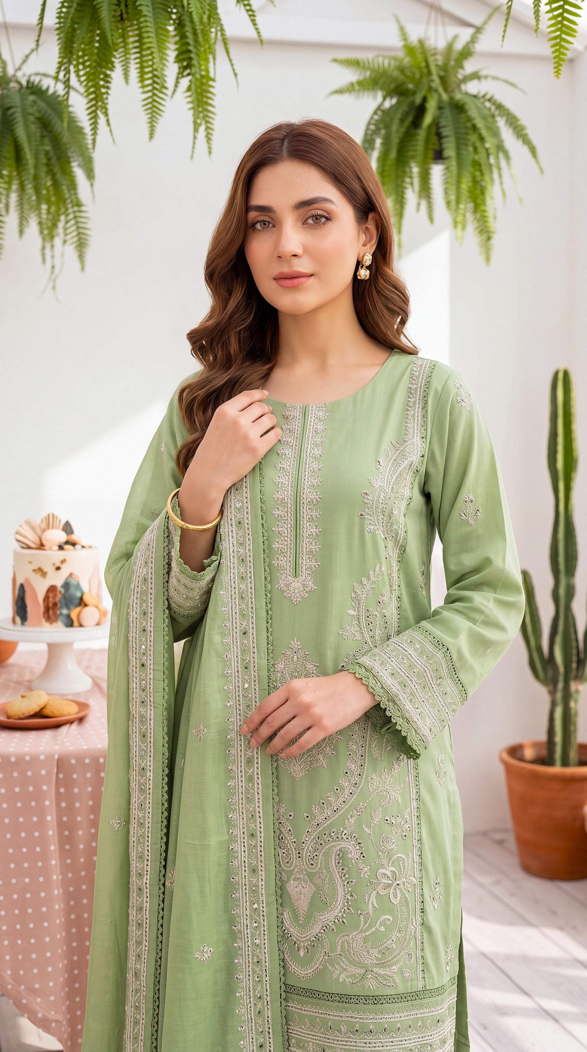 Women's Pret Wear PE01051 Mint Embroidered Straight Cut 3-Piece GREEN / SML
