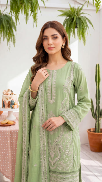 Women's Pret Wear PE01051 Mint Embroidered Straight Cut 3-Piece GREEN / SML