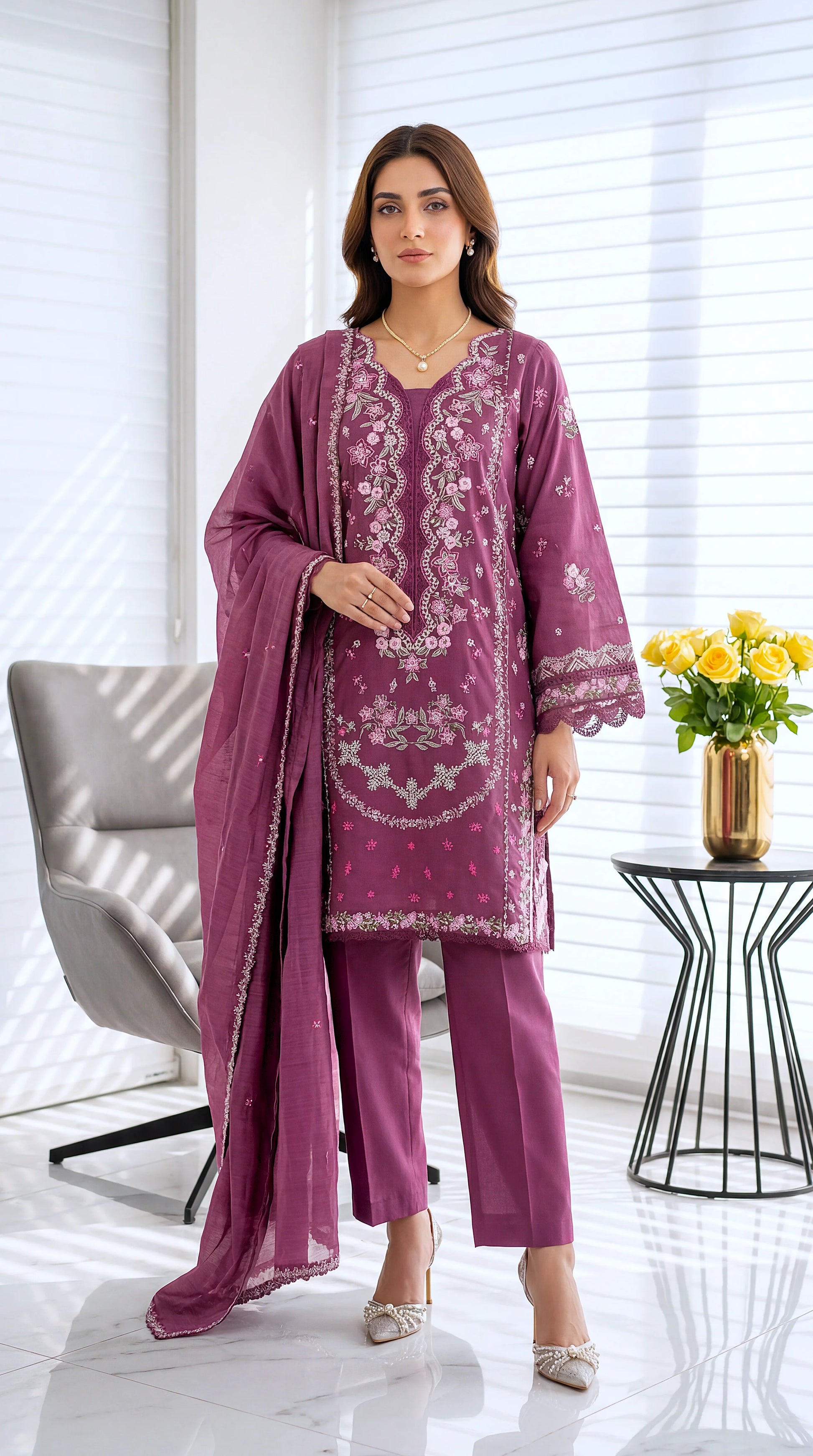 Women's Pret Wear PE01052 Mint Embroidered Organza Dupatta 3 Piece PURPLE / SML