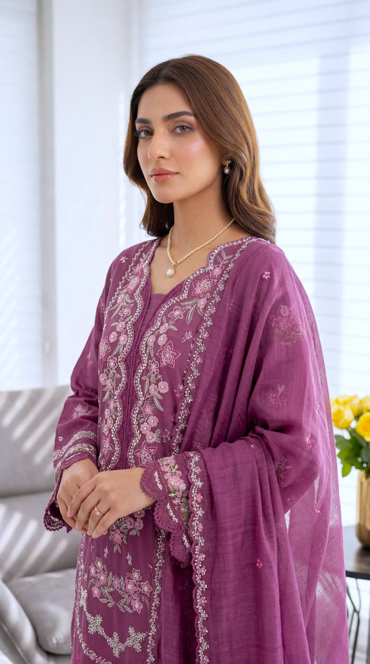 Women's Pret Wear PE01052 Mint Embroidered Organza Dupatta 3 Piece PURPLE / SML
