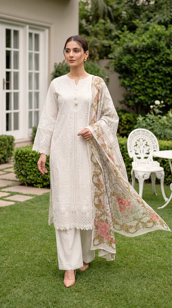 Luxury Embroidered Suit PE01063  Printed Dupatta 3 Piece WHITE / SML
