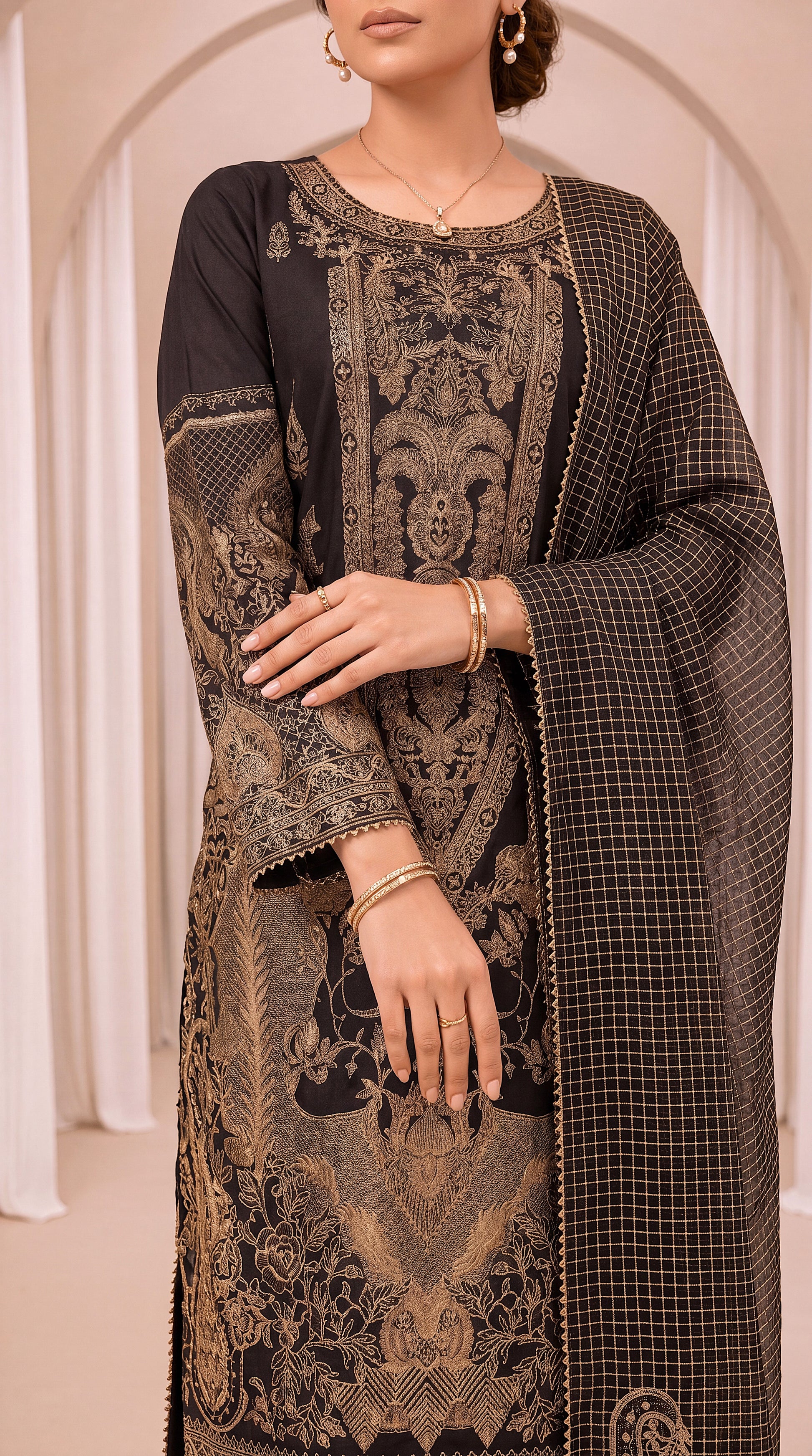 Women's Contemporary Suit PE01064 | Contrast Embroidery & Floral Print Dupatta | 3 Piece | Soft Lawn BLACK / SML
