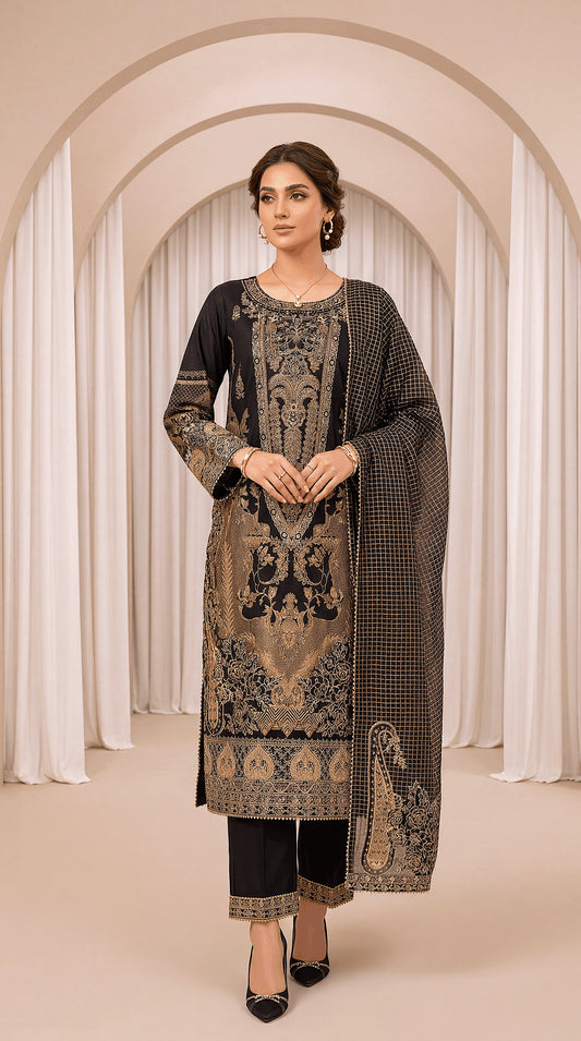 Women's Contemporary Suit PE01064 | Contrast Embroidery & Floral Print Dupatta | 3 Piece | Soft Lawn BLACK / SML