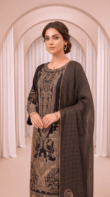 Women's Contemporary Suit PE01064 | Contrast Embroidery & Floral Print Dupatta | 3 Piece | Soft Lawn BLACK / SML