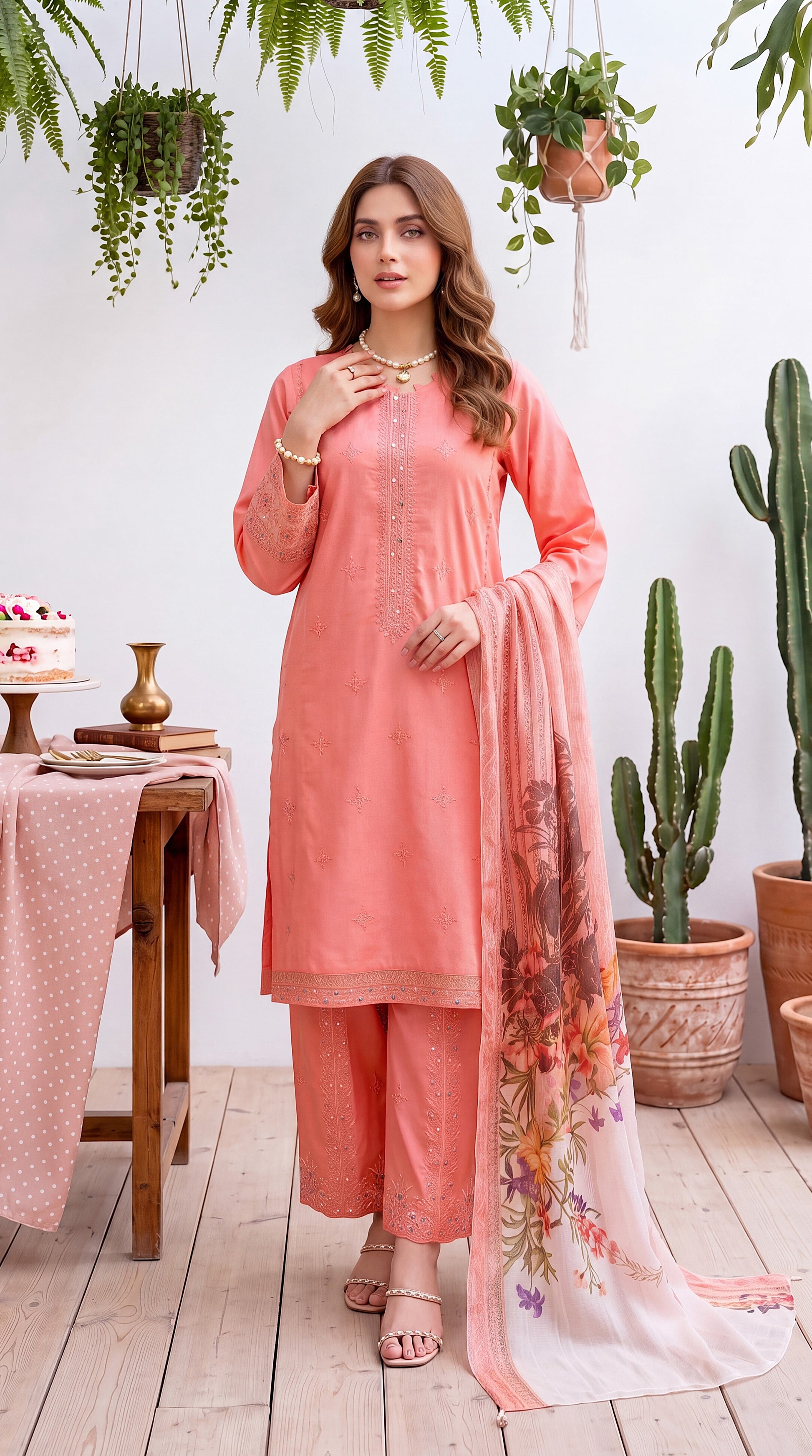 Women's Pret Wear PE01067 Coral Mirror Work Floral Dupatta 3-Piece PINK / SML