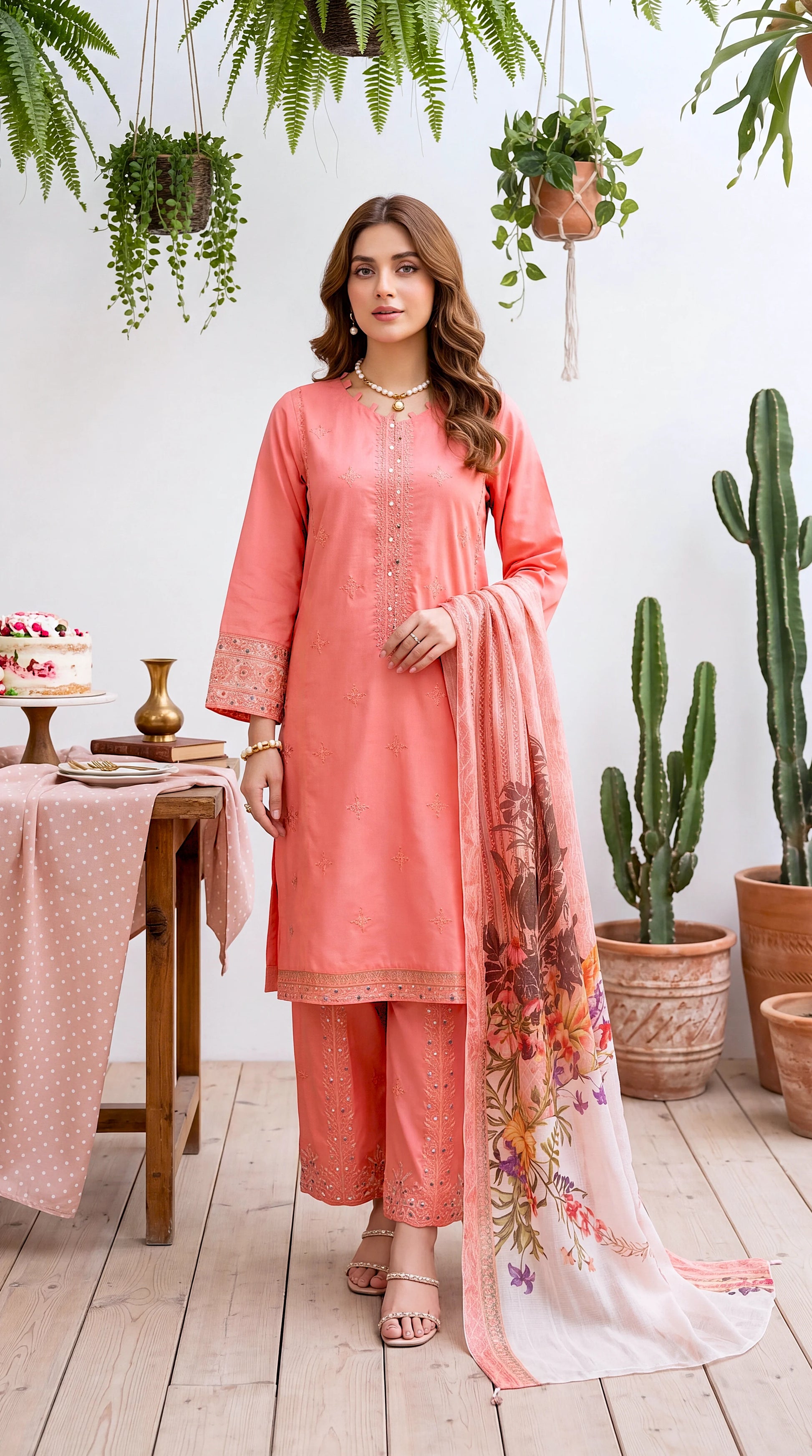 Women's Pret Wear PE01067 Coral Mirror Work Floral Dupatta 3-Piece PINK / SML