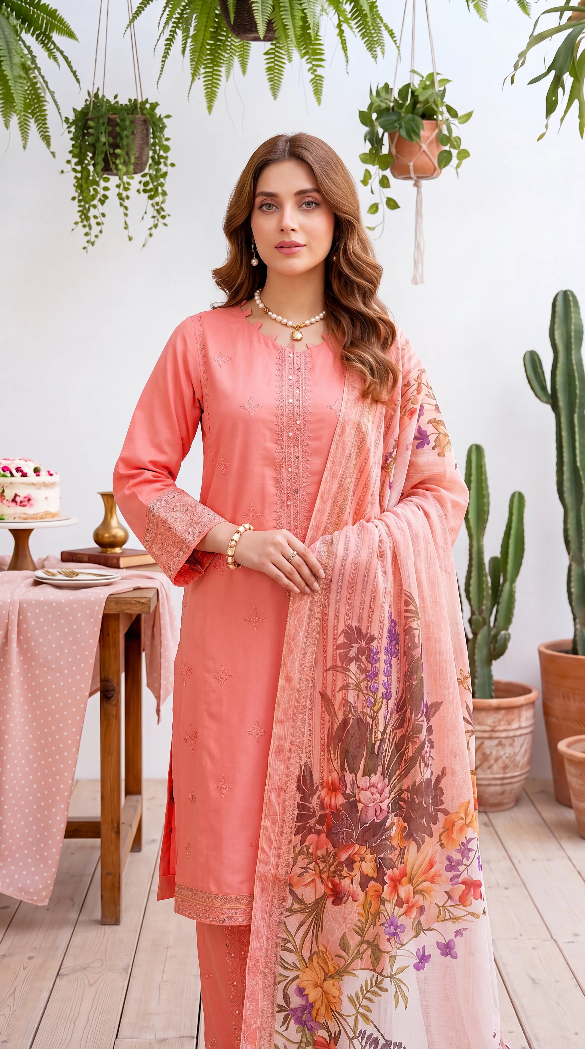 Women's Pret Wear PE01067 Coral Mirror Work Floral Dupatta 3-Piece PINK / SML